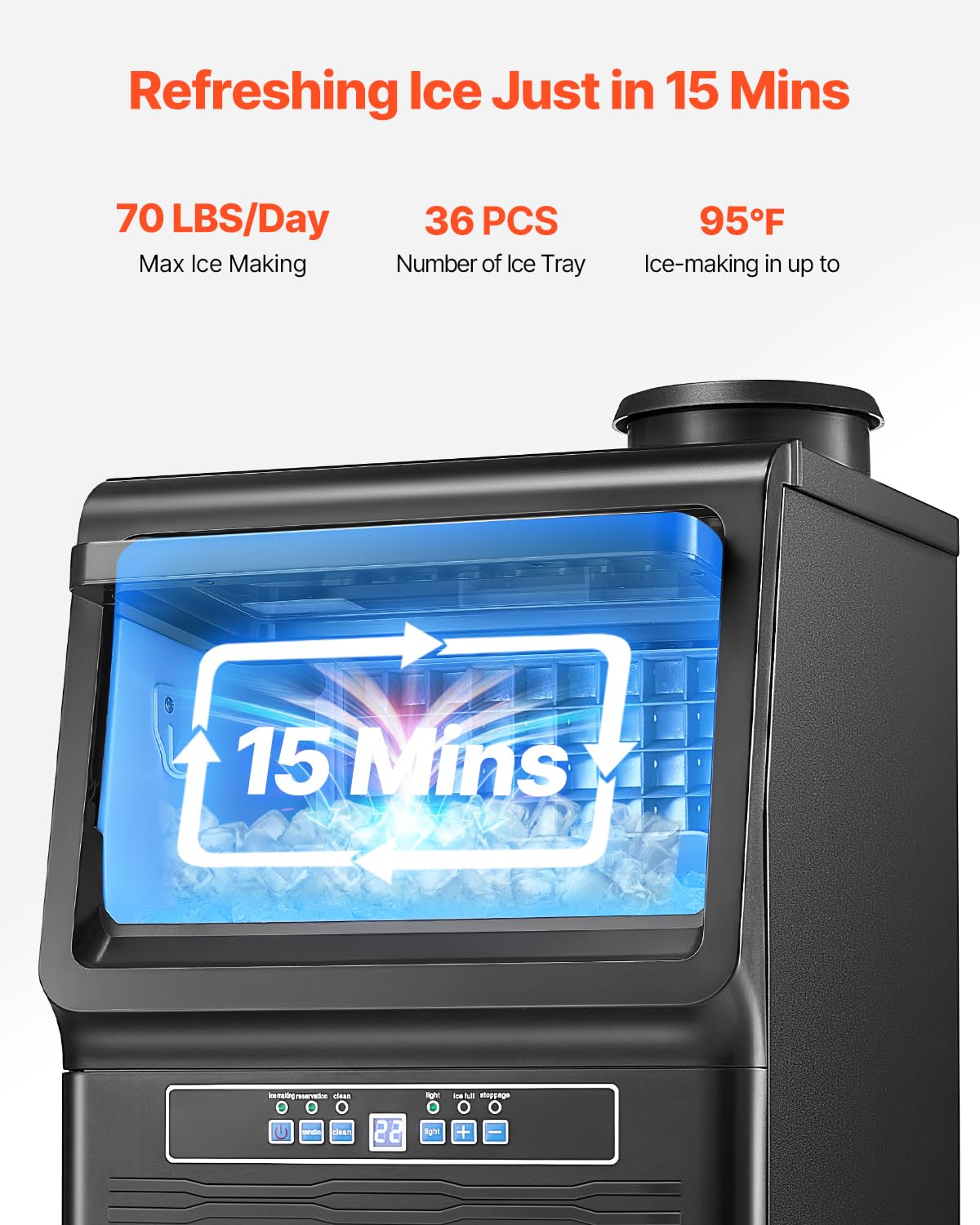 Vevor Commercial Ice Maker Machine With 2 Water Inlets, 70Lbs/24H Ice Maker Machine With 12Lbs Storage Capacity, 36 Ice Cubes In