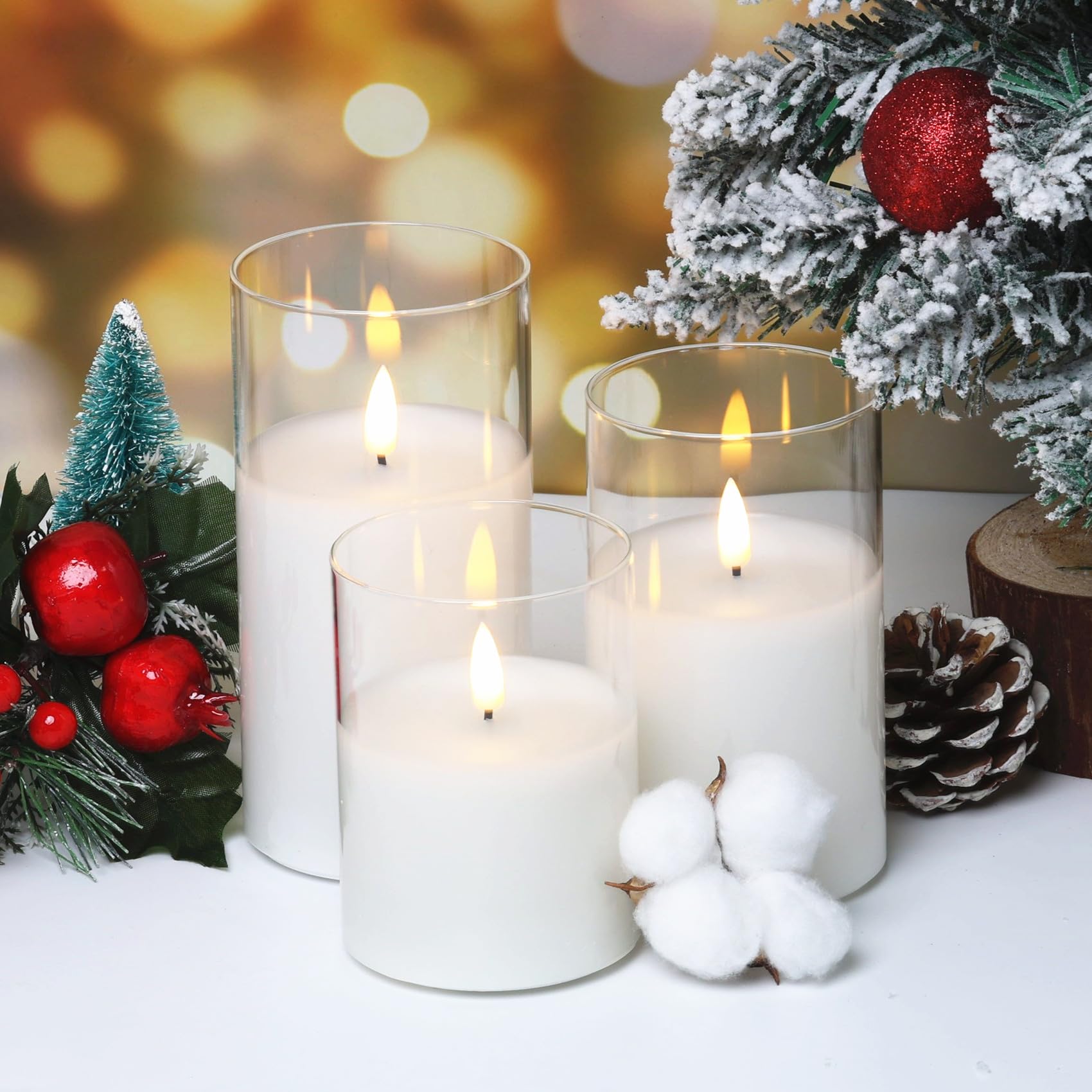 Eywamage Clear Glass Flameless Pillar Candles With Remote, Flickering Battery Led Wax Candles F 3'' H 4'' 5'' 6''