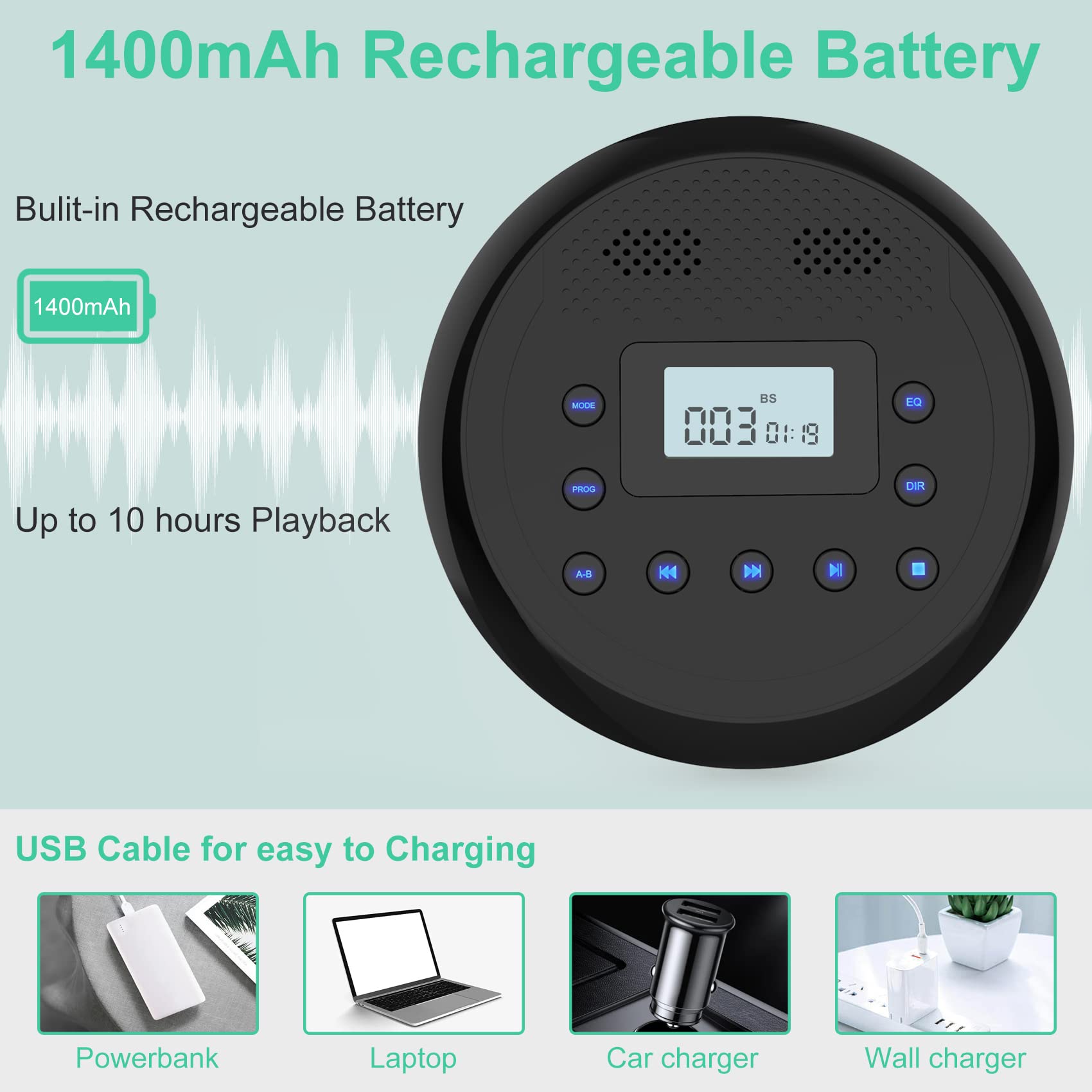 Cd Player Portable, Monodeal Rechargeable Portable Cd Player With Built In Speakers, Walkman Cd Player For Car And Personal Use, Anti Skip Cd Player With Headphones