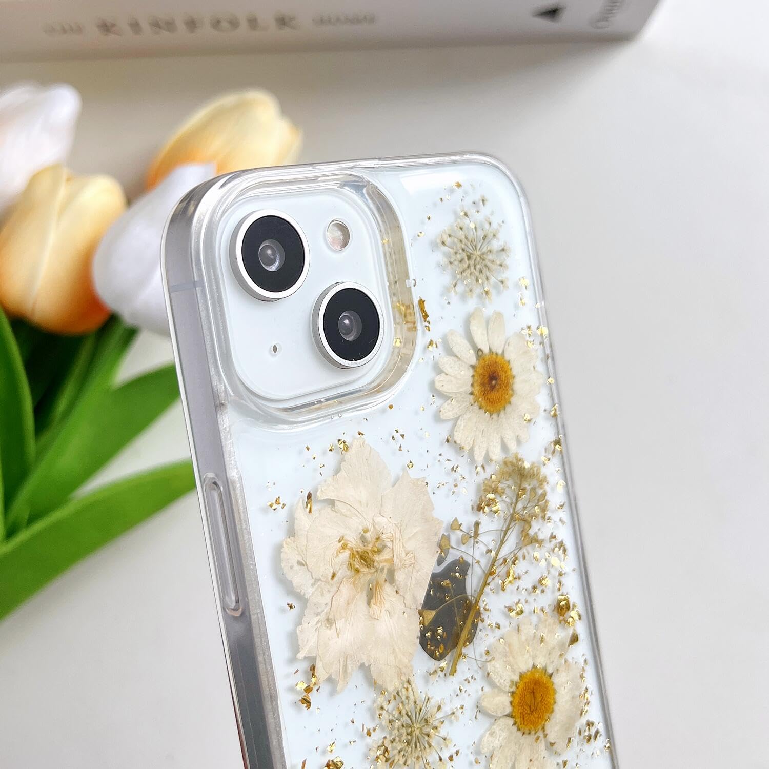 Lseeka For Iphone 13 Mini/Iphone 12 Mini Clear Case With Pressed Real Flowers Design,Glitter Cute White Floral Pattern Slim Soft