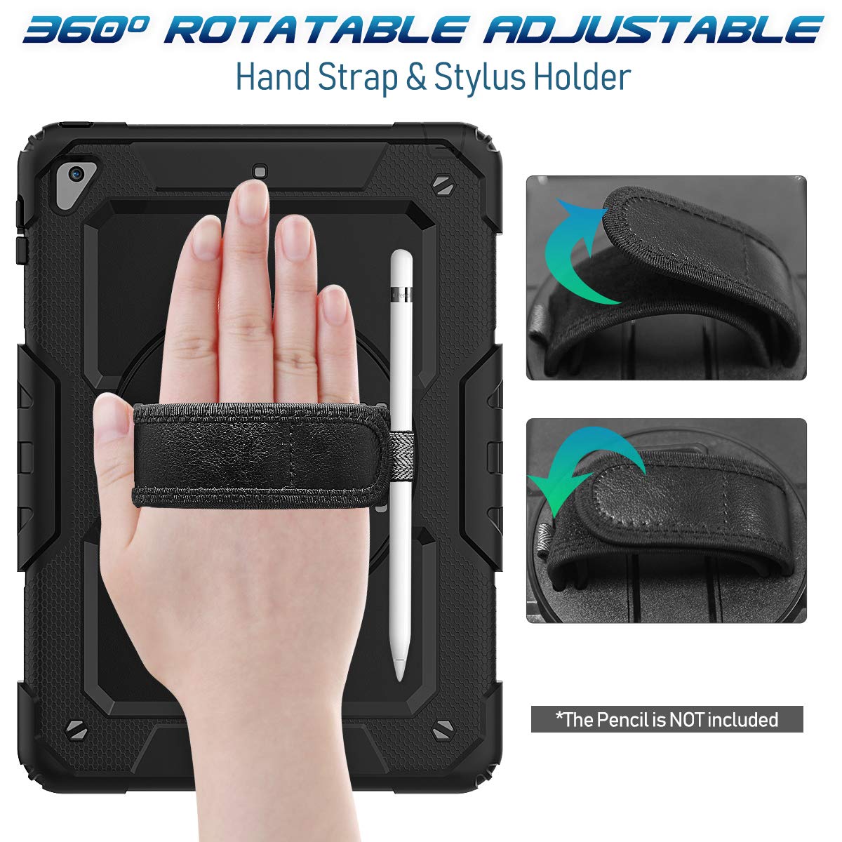 Timecity For Ipad 6Th/5Th Generation Case, For Ipad 9.7 Inch Case 2018/2017 With Screen Protector, 360 Rotating Stand/Hand Strap