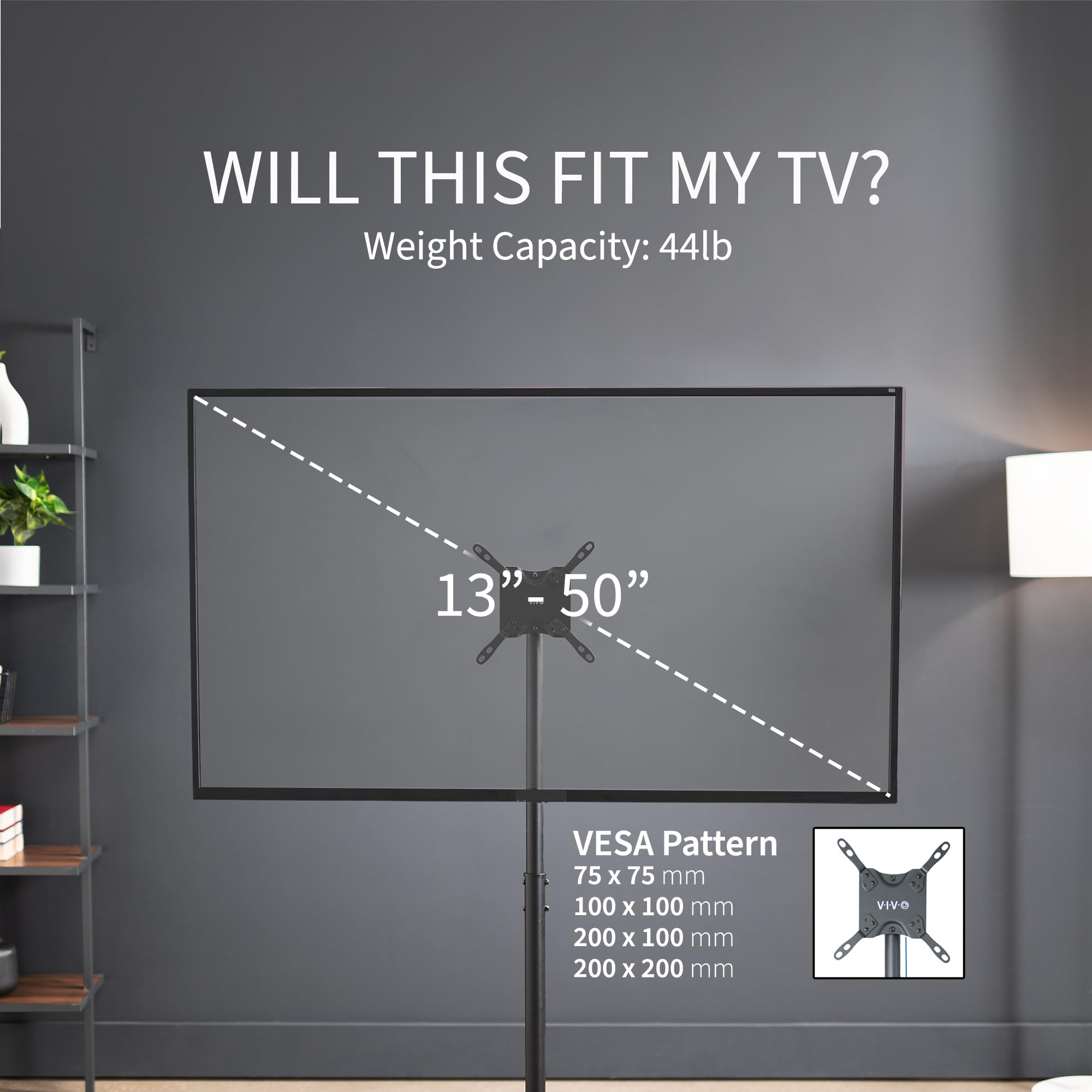 VIVO TV Floor Stand for 13 to 50 inch Flat Panel LED LCD Plasma Screens, Portable Display Height Adjustable Mount STAND TV07�