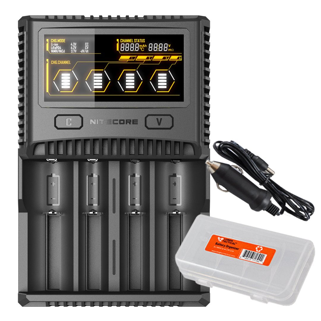 Nitecore SC4 Superb Charger with USB Output Includes Car Charger Adapter and LumentTac Battery Organizer Bundle for 18650 17650 