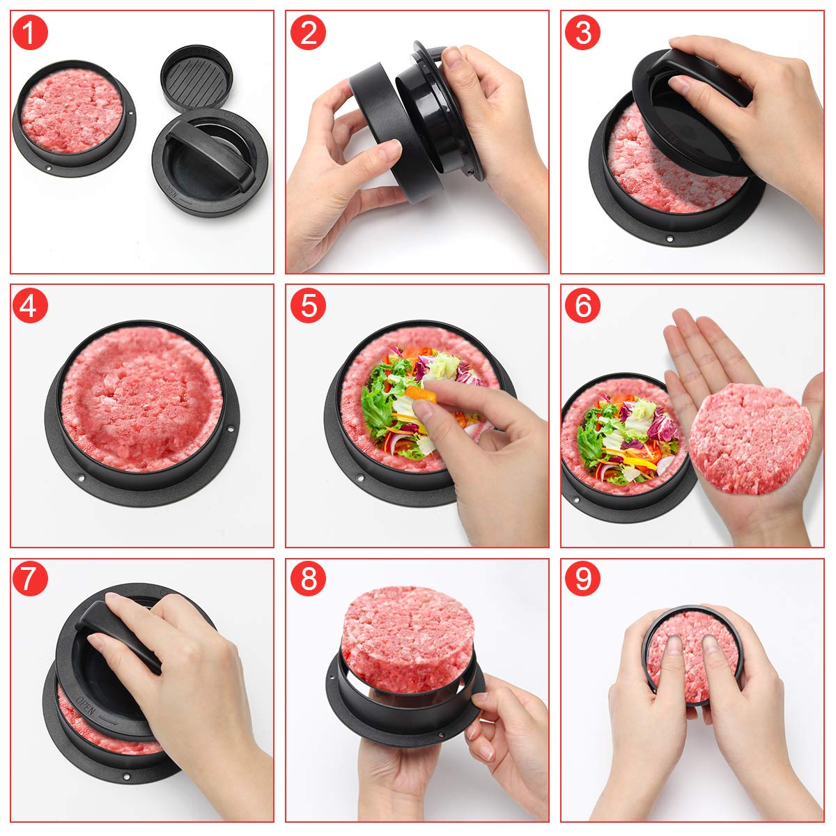 Luxiv 3 In 1 Burger Press, Hamburger Patty Maker Stuffed Burgers Press With 100P Hamburger Paper For Bbq Non Stick Sliders Beef