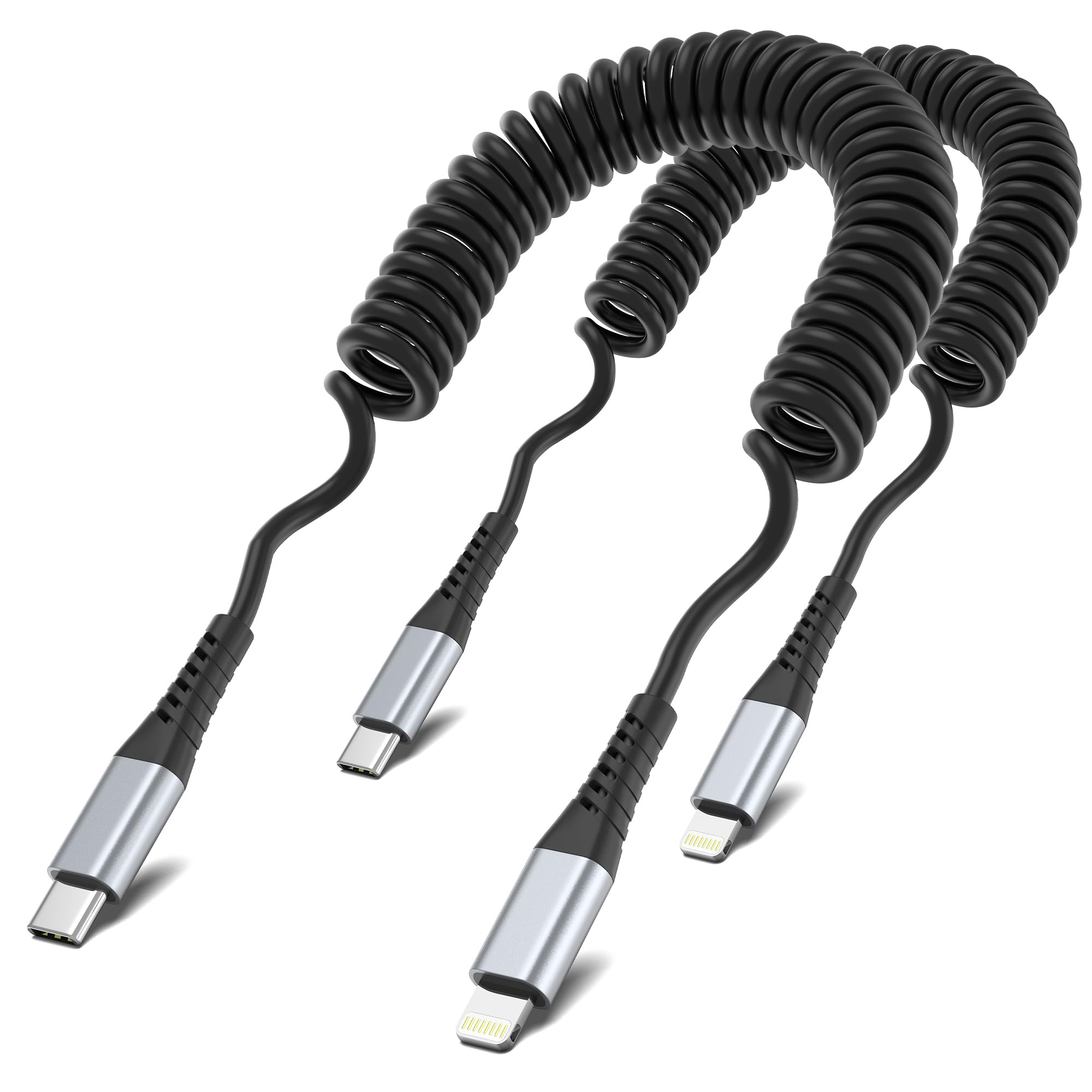 Coiled Usb C To Lightning Cable, 2Pack Retractable Usb C Iphone Charger Cord For Car Short Coiled Usb Tpye C To Lightning Cable 