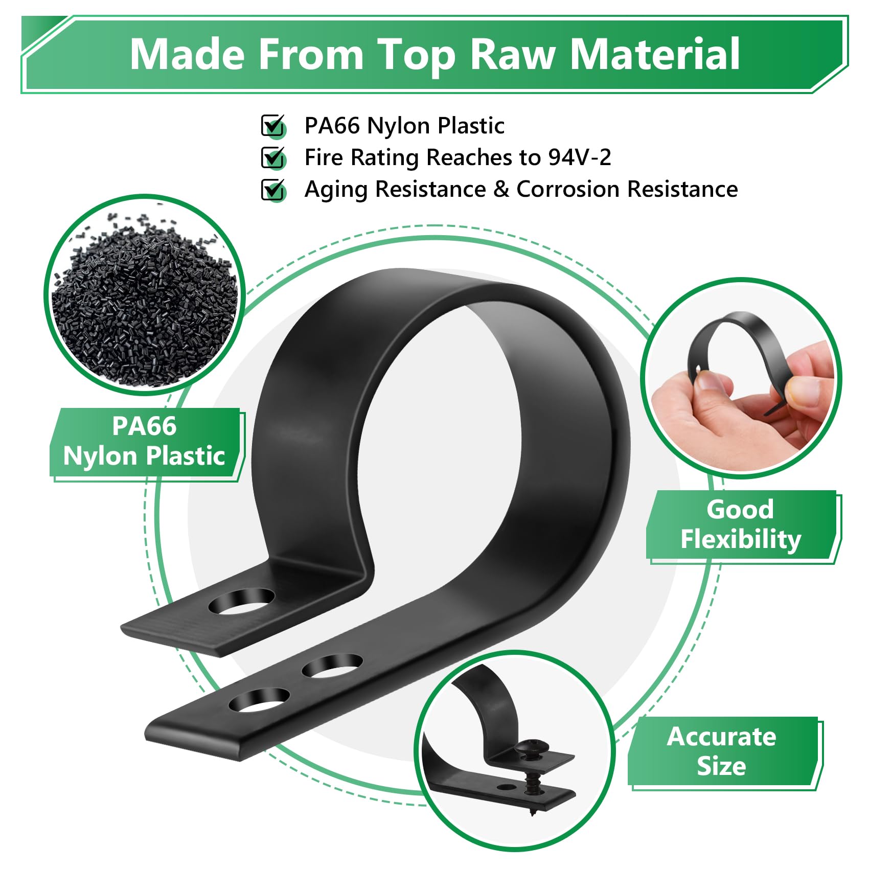 Cable Clips For Cable Management Cord Organizer, 6 Sizes 300 Pcs Nylon R Type, 3/16'' 1/4'' 3/8'' 1/2'' 3/4'' 1'' Black Plastic