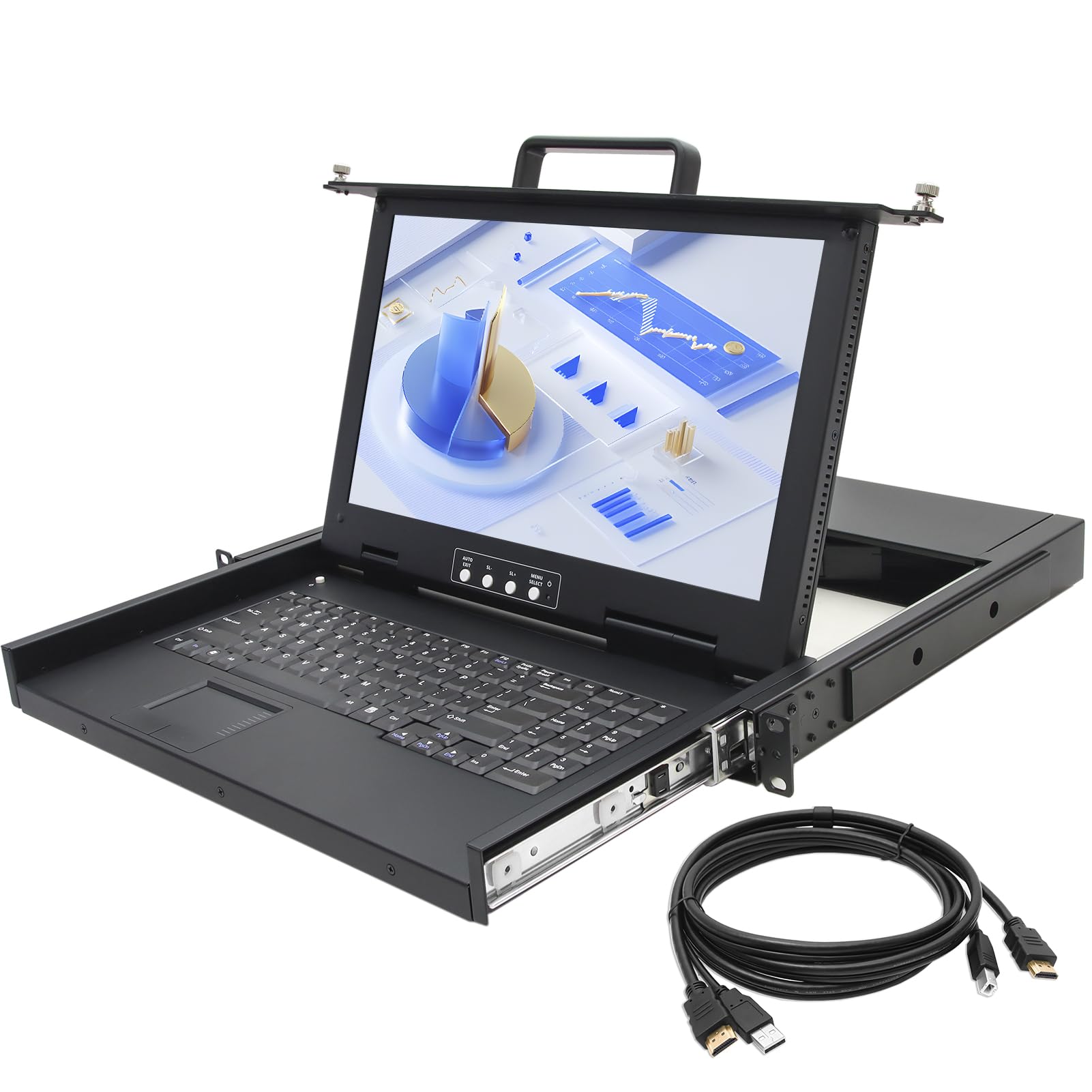 1U Rack Mount KVM Console 15.6 1080P Rackmount Monitor+ Single Port HDMI KVM + Keyboard+ Touchpad, Short Depth 14.17, Fits 19