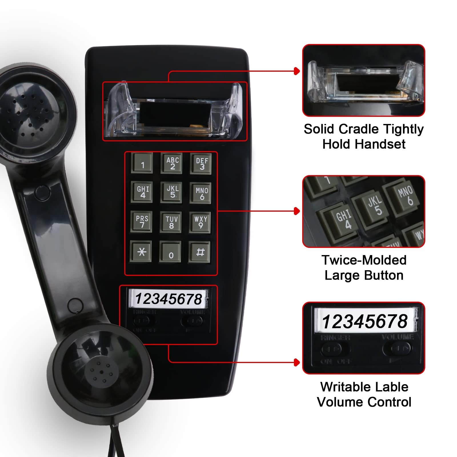 Sangyn Retro Wall Phone with Loud Ringer, Adjustable Volume, Vintage Design, Black, Model S-Bigua-UpgradeBlack