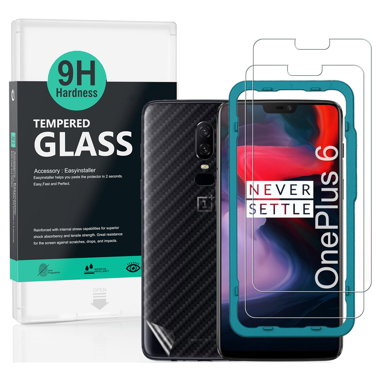 Ibywind Screen Protector For Oneplus 6,With 2Pcs Tempered Glass,1Pc Backing Carbon Fiber Film [Fingerprint Reader,Easy To Instal