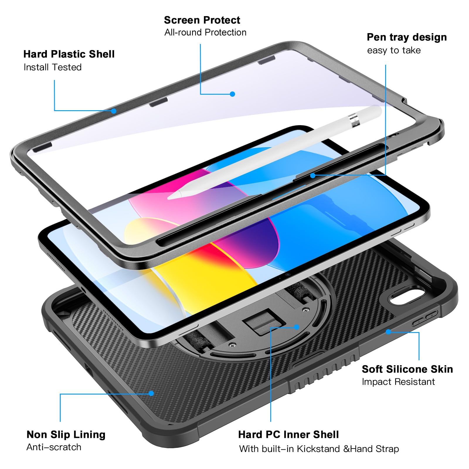 Ztotopcases For Ipad 10Th Generation Case 10.9 Inch With Screen Protector, Pen Holder, Handle Shoulder Strap,360 Rotating Stand