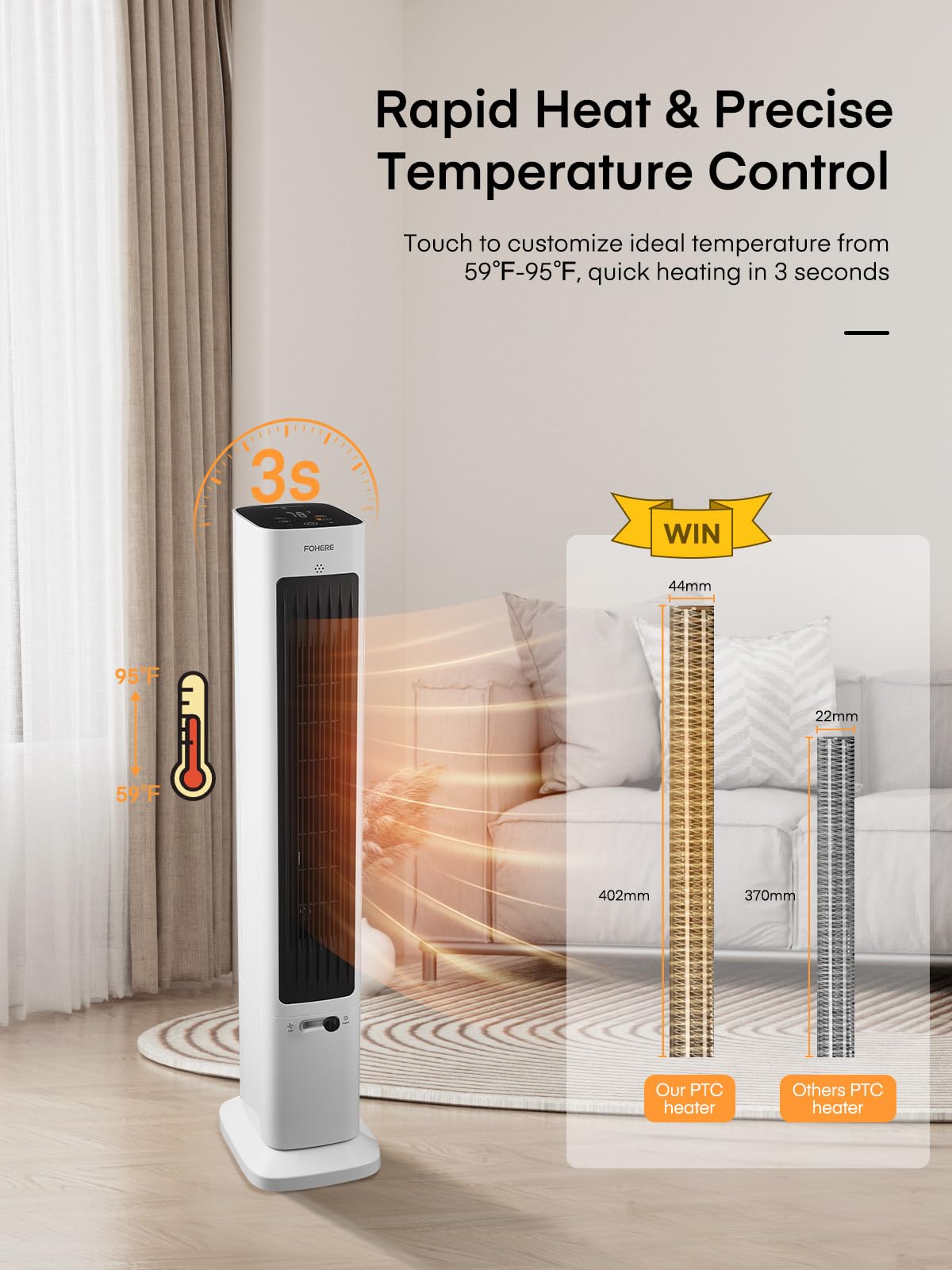 Fohere Oscillating Tower Fan And Space Heater In One For Indoor Use, All Season High Velocity Fan And Heater Combo Safety With O