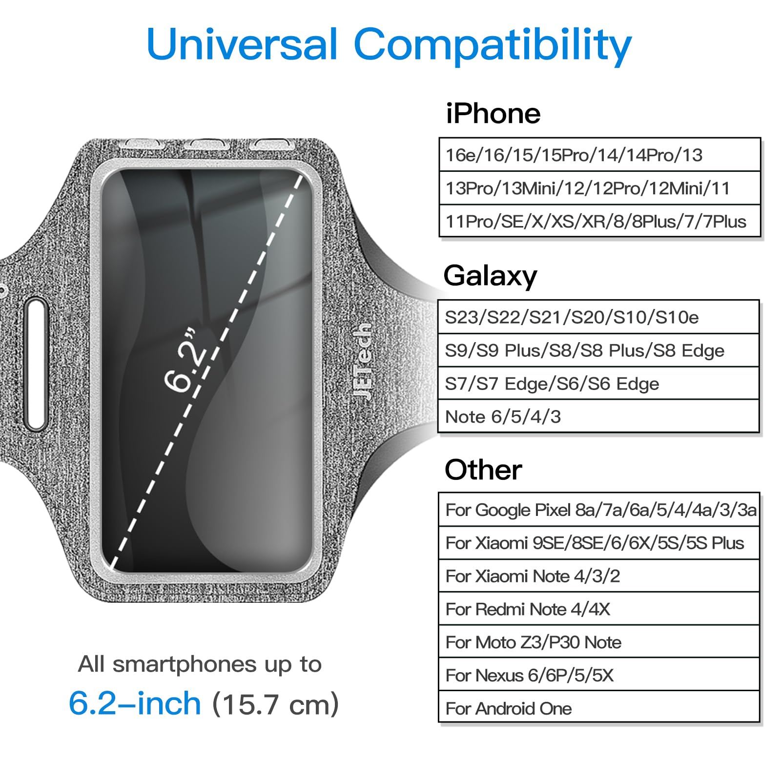 Jetech Phone Armband Holder With Key Holder And Card Slot For Phone Upto 6.2 Inch, Iphone 16E/16/15 Pro/15/14 Pro/14/13 Pro/13,