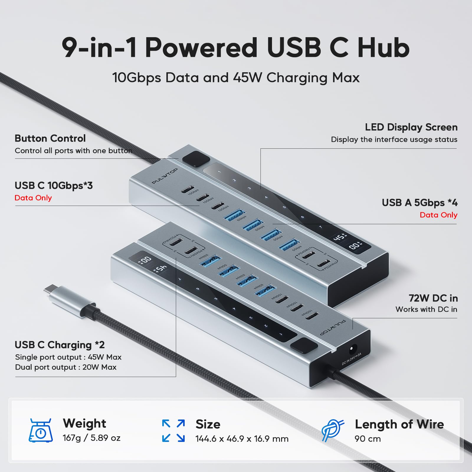 Pulwtop Powered Usb C Hub,Usb Hub Pd 45W Charging(Not Support Video),9 Port Support 10Gbps Data 3 Usb C 3.2,4 Usb 3.0 Ports With