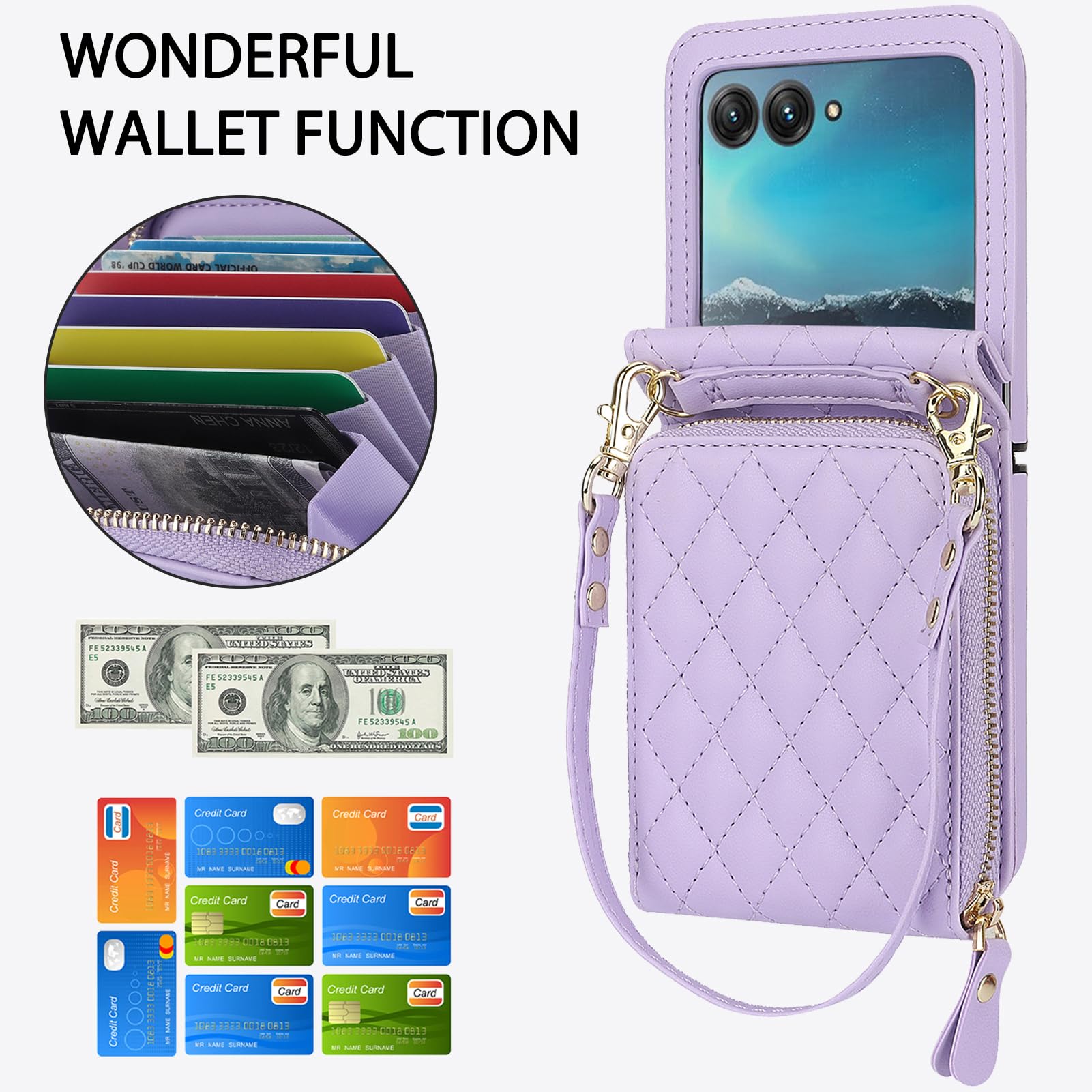 Ninki Compatible For Motorola Razr 2024 Case With Wallet,Lanyard Hinge Protection Card Holder For Moto Razr 2024 Matte Leather W