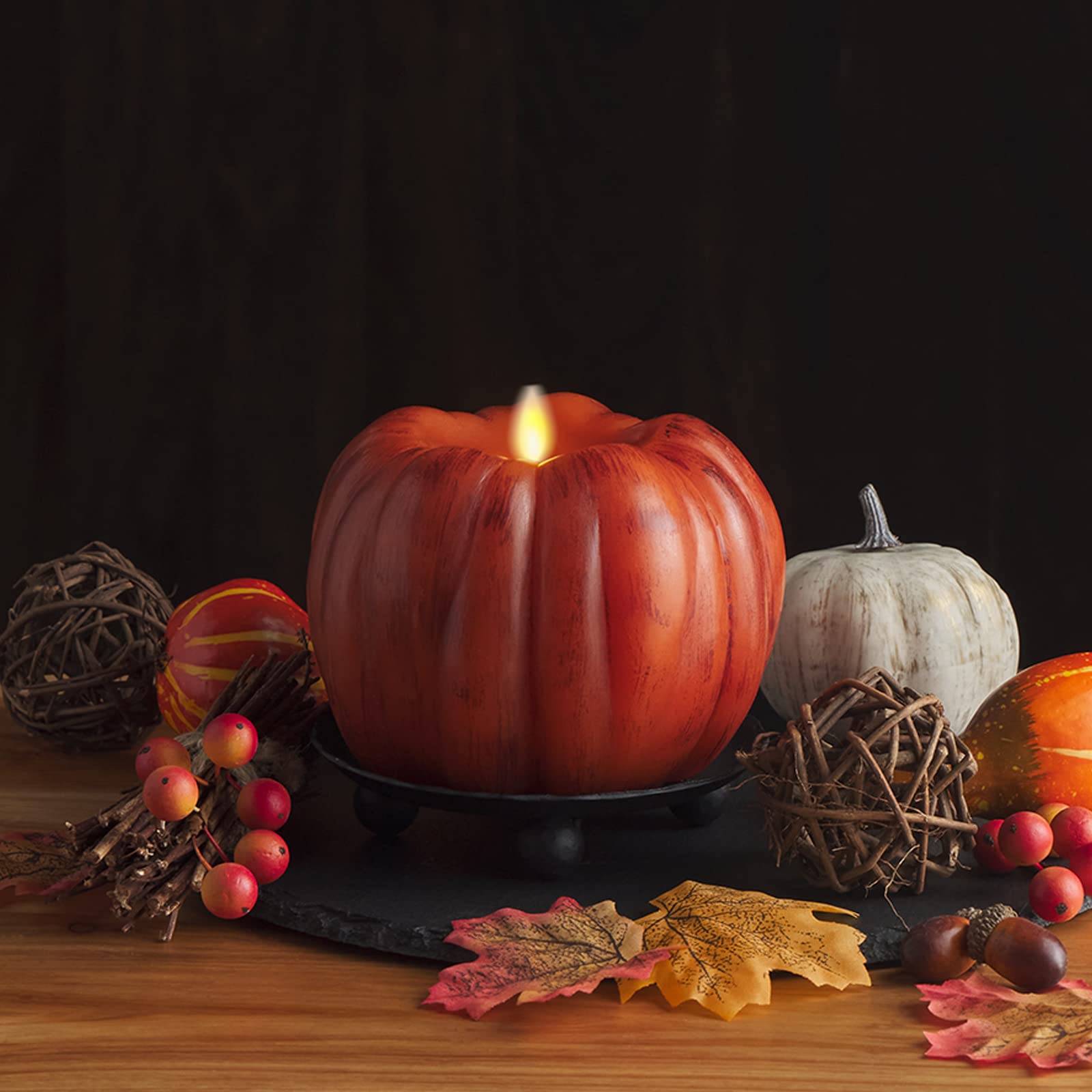 Luminara Pumpkin Figural Flameless Flickering Moving Flame Led Candle (5.25'' X 4.5''), Smooth Real Unscented Wax, Time Function
