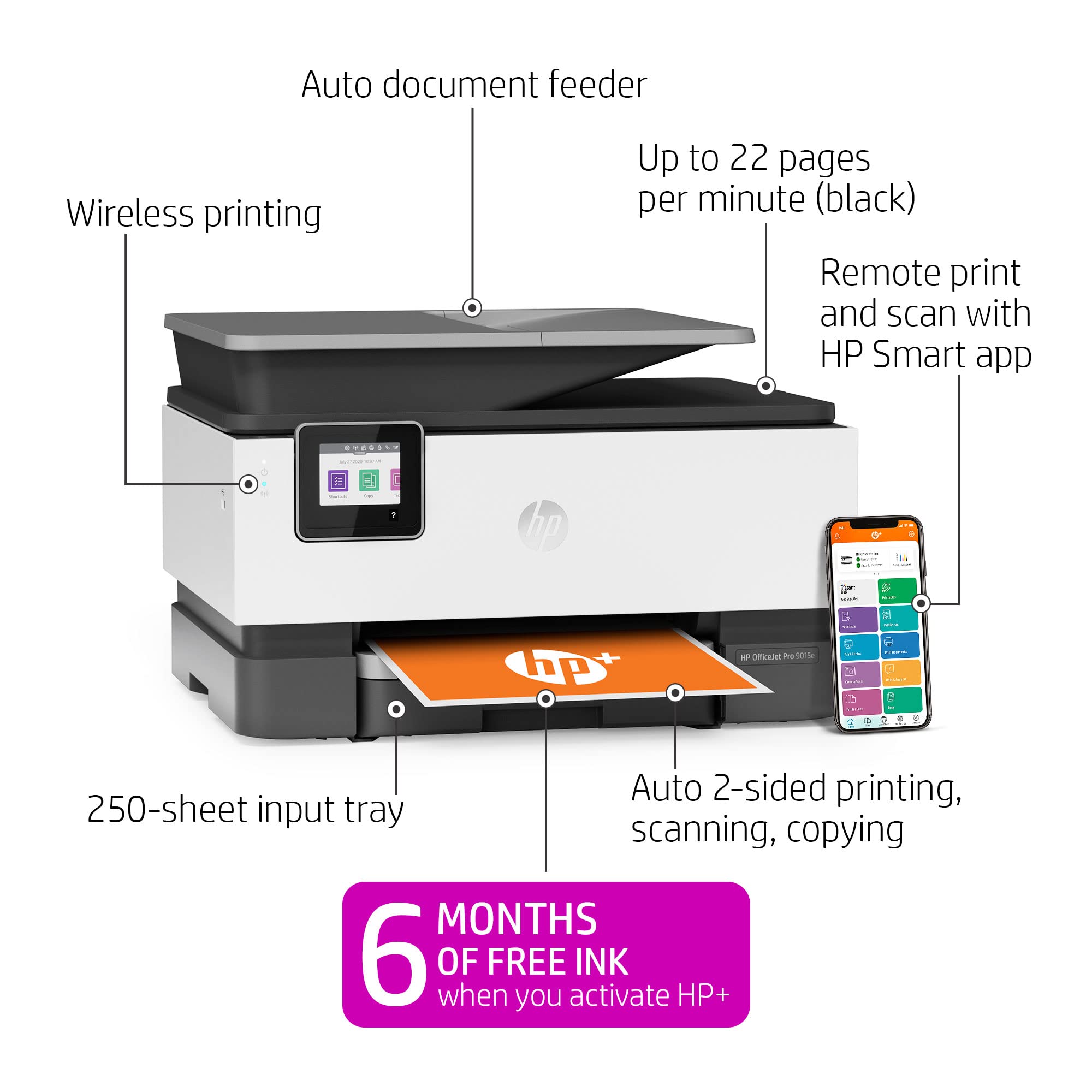 Hp Officejet Pro 9015E Wireless Color All-In-One Printer With Bonus 6 Months Instant Ink With Hp+ (1G5L3A),Gray