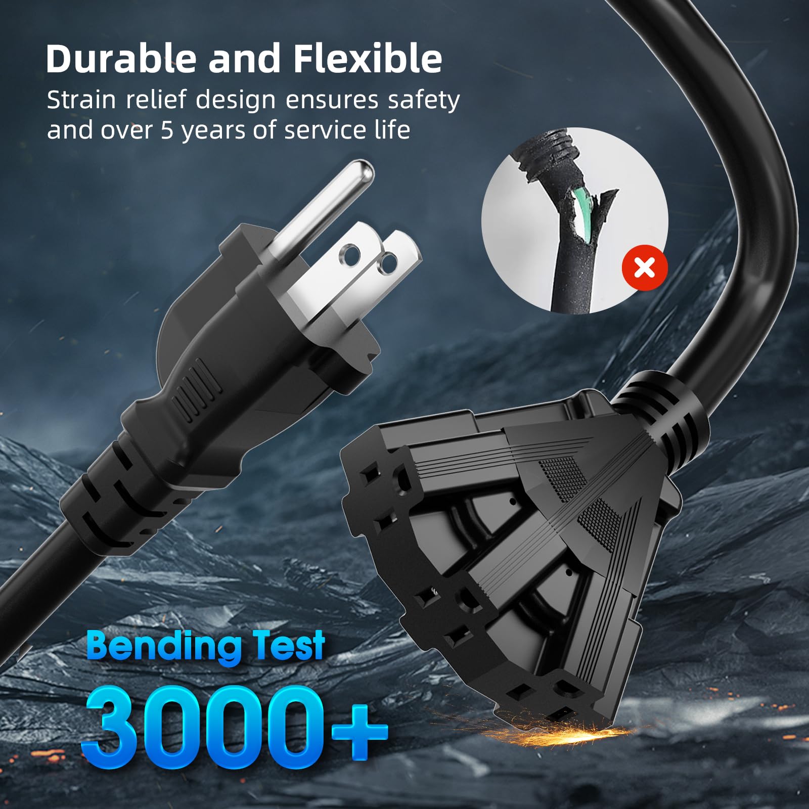 Islewire 10 Ft 3 Outlet Outdoor Extension Cord Waterproof, 16/3 Sjtw Black Extension Cord With Multiple Outlets, Heavy Duty 16 G