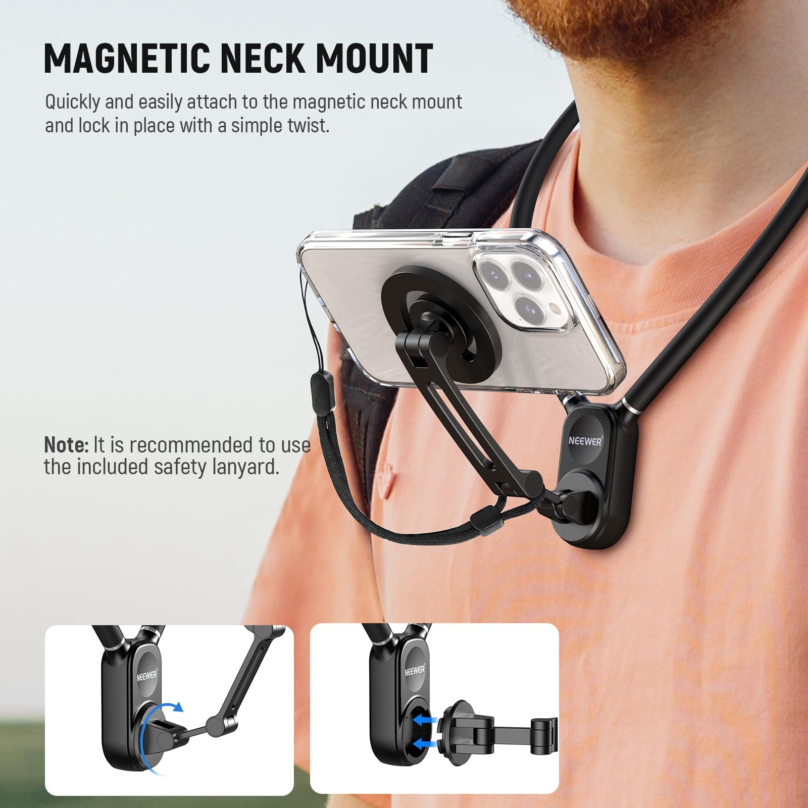 Neewer Magnetic Neck Holder For Action Camera & Phone, Hands Free Tripod Chest Mount Compatible With Gopro Dji Insta360 Magsafe