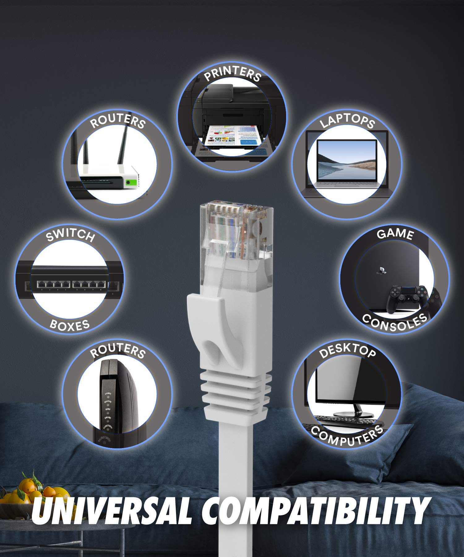 Ultra Clarity Cables Cat 6 Ethernet Cable, Flat 50 Feet Lan, Utp Cat 6, Rj45, Network Cord, Patch, Internet Cable   50 Ft   Whit