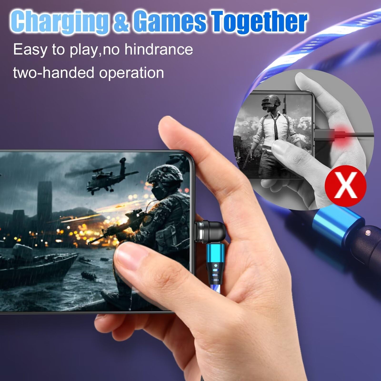 Endlesshine Pro 360 Led Glowing Magnetic Phone Charger [3Pack 3.3/6.6/6.6Ft] Usb To Usb C Cable, Micro Usb, I Porduct Compatible, El Wire Light Up Charger Magnetic Charging Cable (Blue)