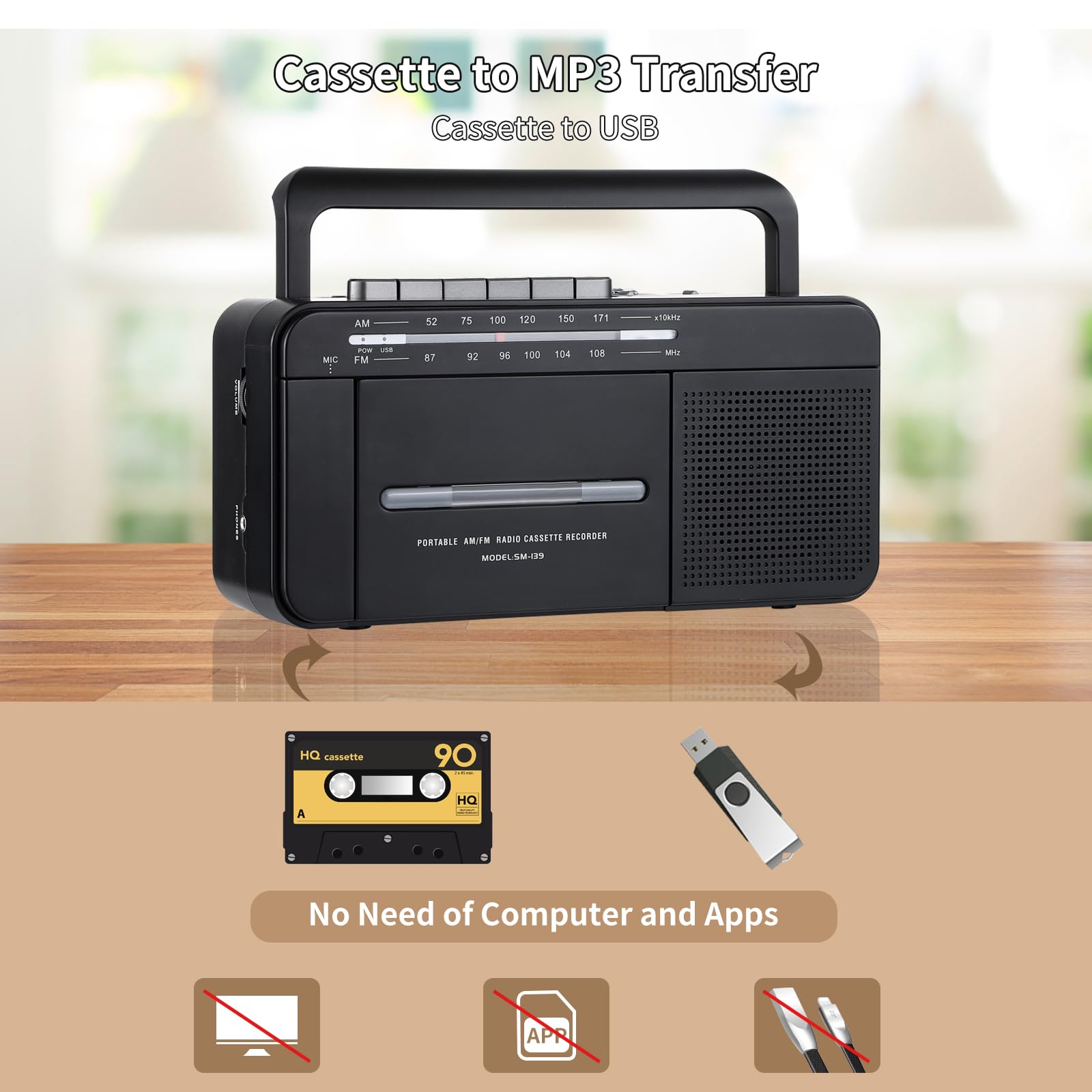 Semier Boombox Mp3 Conversion Cassette Tape Player Recorder Am Fm Radio, Cassette To Mp3 Digital Converter, Usb Recording, Built