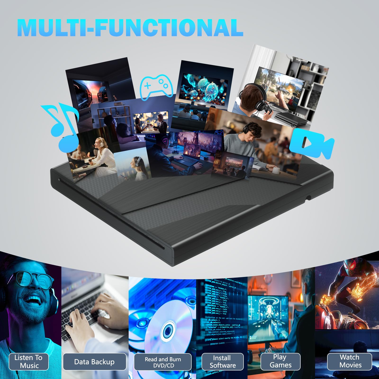 Wbacon 8 In 1 External Cd/Dvd Drive For Laptop, Slot Loading External Dvd Drive, Cd Burner External Cd Drive For Laptop Usb A Us