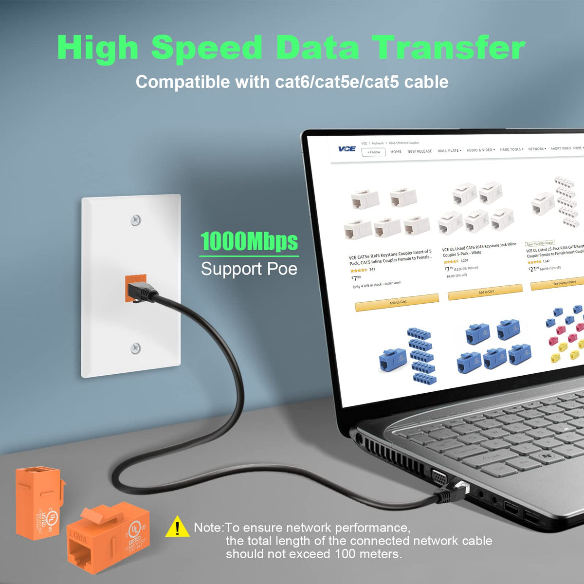 Vce Rj45 Cat6 Keystone Jacks Slim Profile Ul Listed 25 Pack, 90 Degree ...