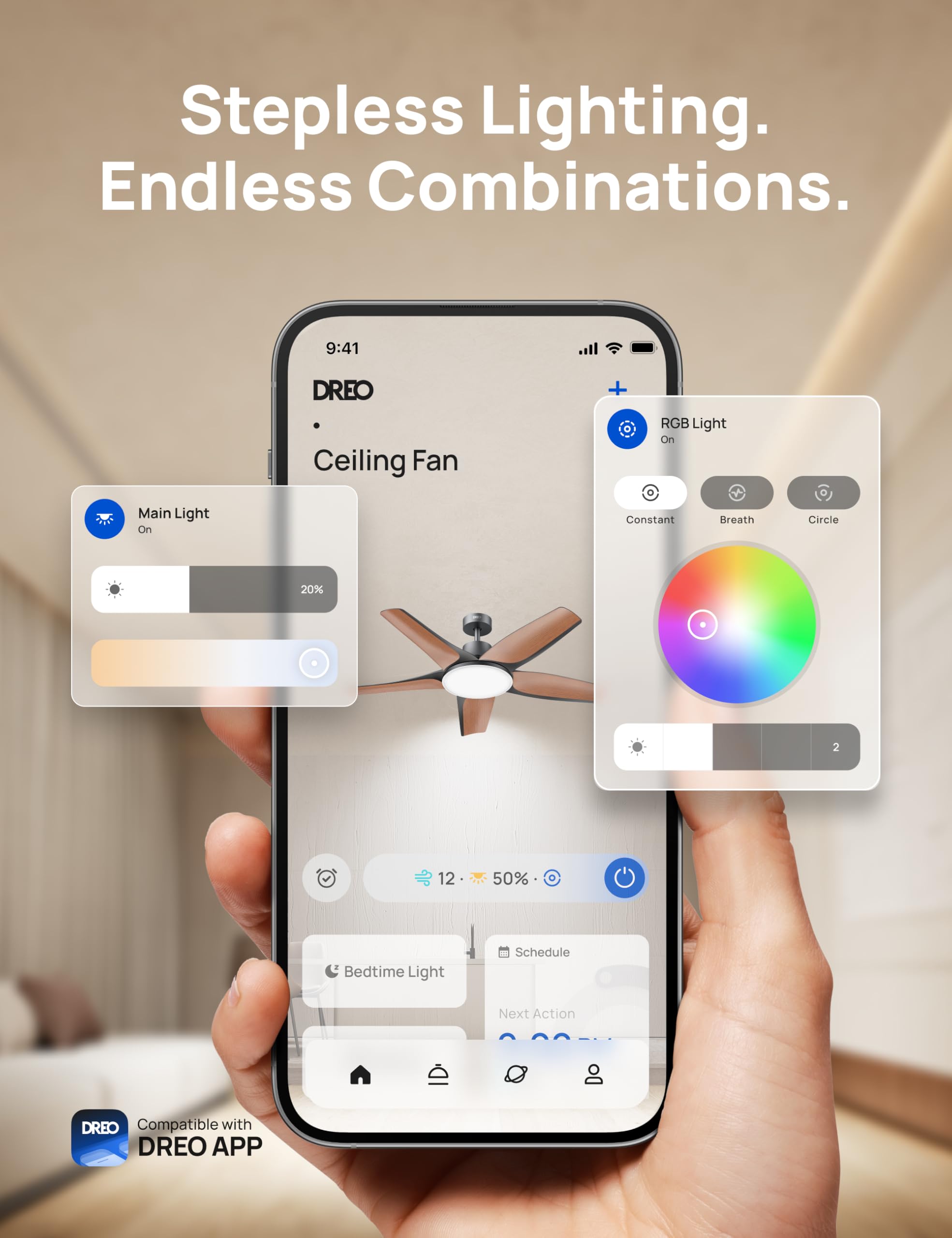 Dreo Smart Ceiling Fans With Lights, Low Profile Ceiling Fan With Alexa/App, 52'' Dimmable Lighting & Color Tuning, Rgb Ambient