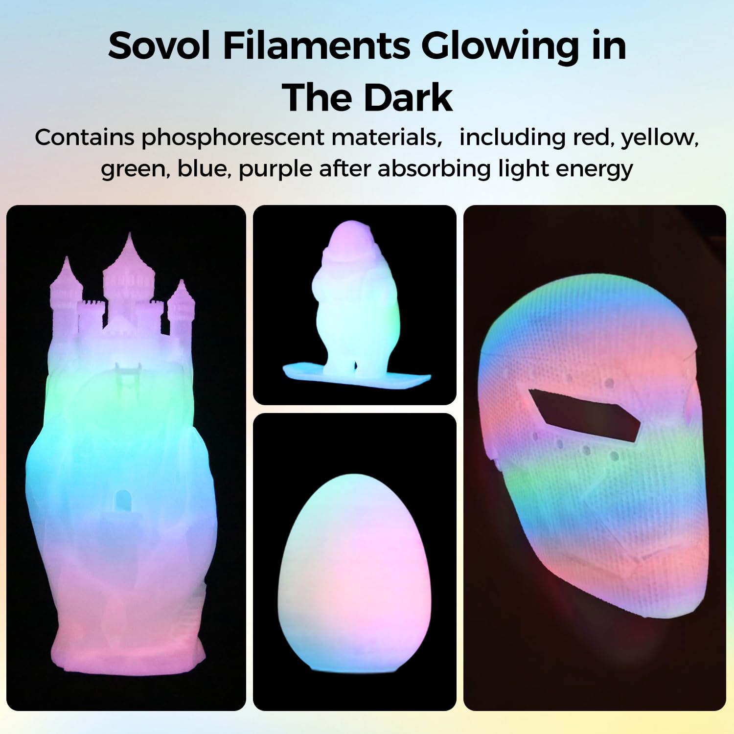 Sovol 3D Printer Glow In The Dark Filament Multicolor Fast Change Pla 1Kg (2.2 Lbs) Spool 3D Printing Materials, Dimensional Acc