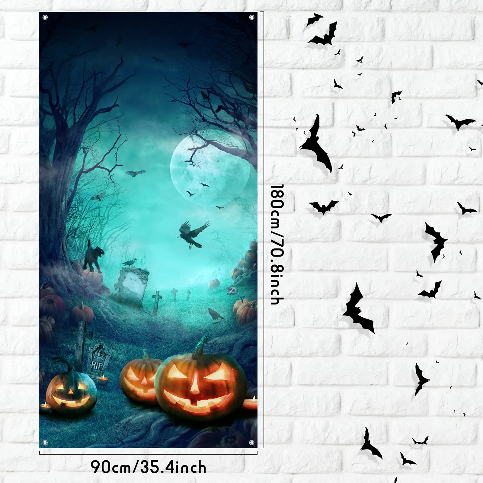 Halloween Door Decorations, Large Fabric Horror Moon Night Dead Tree Scary Cemetery Pumpkins Door Cover Halloween Front Door Por