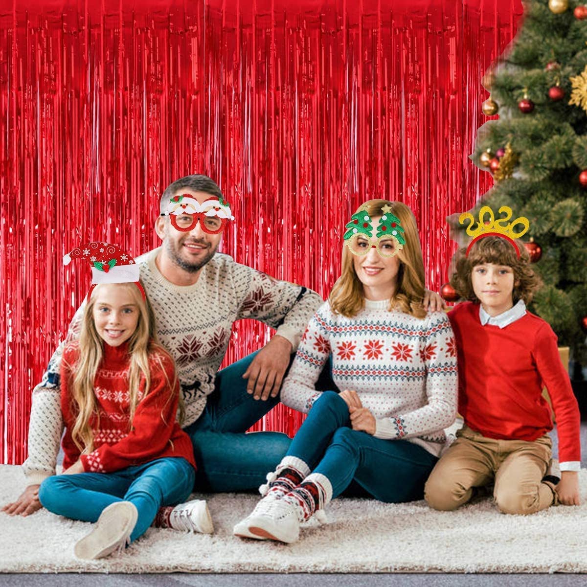 Toniful 3Pcs Red Door Streamers,Red Photo Booth Backdrop Metallic Streamers Red Foil Fringe Curtains For Birthday,Christmas,New