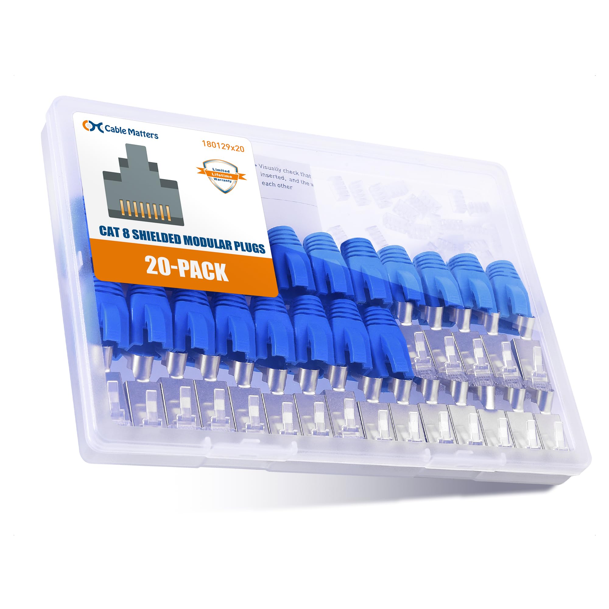 Cable Matters 20 Pack 23 24AWG Shielded Cat8 RJ45 Connectors with Load Bar & Strain Relief Boots, NOT Compatible with 22AWG Cable (Cat 8 Connector / Cat8 RJ45 Connector/Cat 8 Network Connector)
