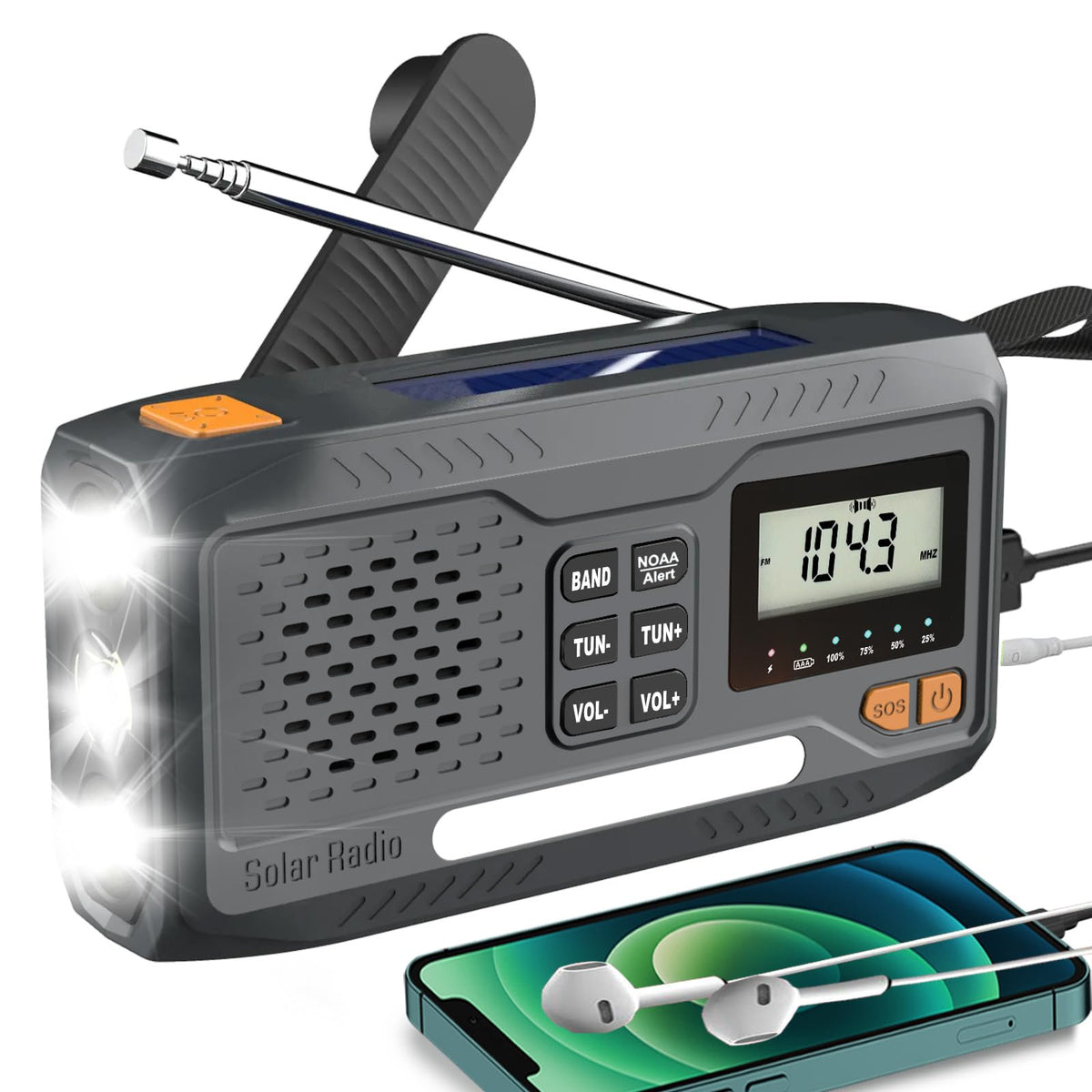 Emergency Weather Radio, Solar Hand Crank Radio With Am/Fm/Noaa, 7400Mwh Radios Flashlight Cell Phone Charger With Digital Displ