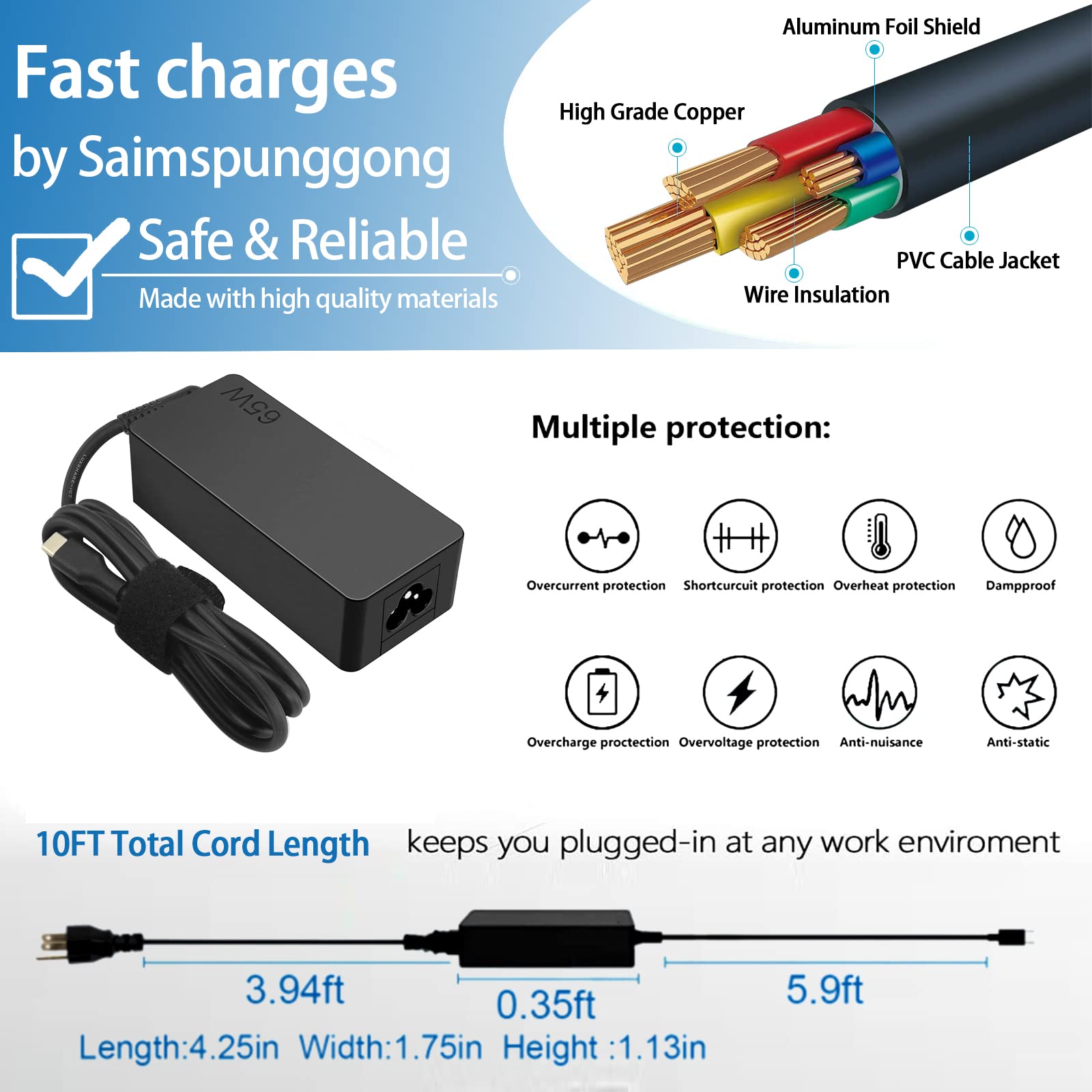 Laptop Usb C Charger For Lenovo Thinkpad 65 Watt 20V 3.25A Type C Usb Ac Adapter Adlx65Ydc2A Thinkpad X280 X380 X390 L390 E480 E580 E590 E495 T480 T480S T490 T490S X1 Carbon Power Adapter 4X20M26268
