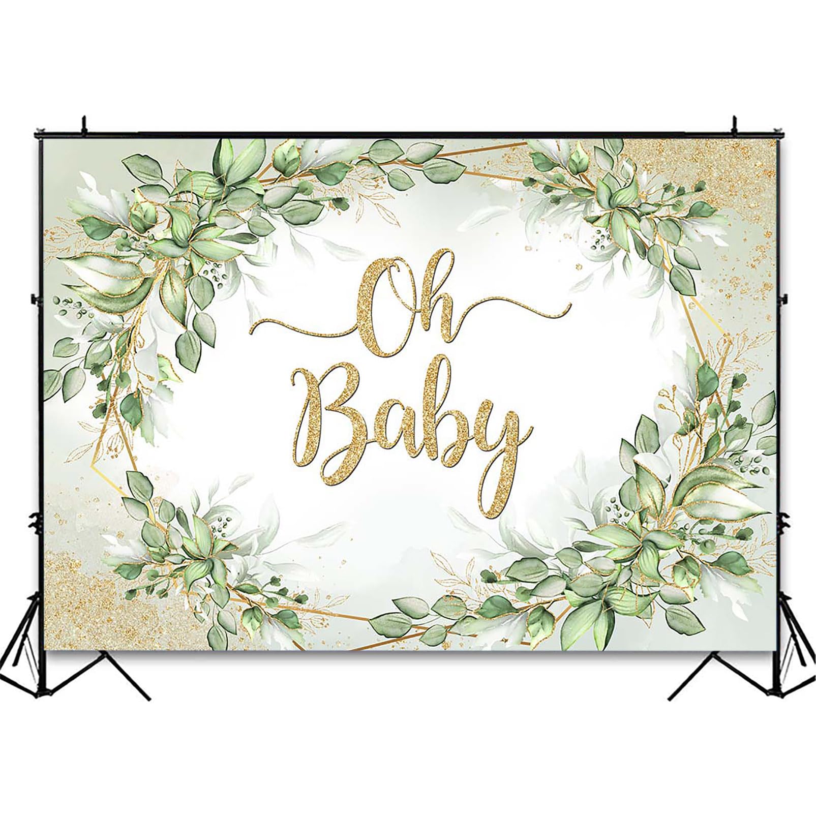 Avezano Sage Green Baby Shower Backdrop Gold Oh Baby Background Greenery Eucalyptus Leaves Baby Shower Party Decorations Banner
