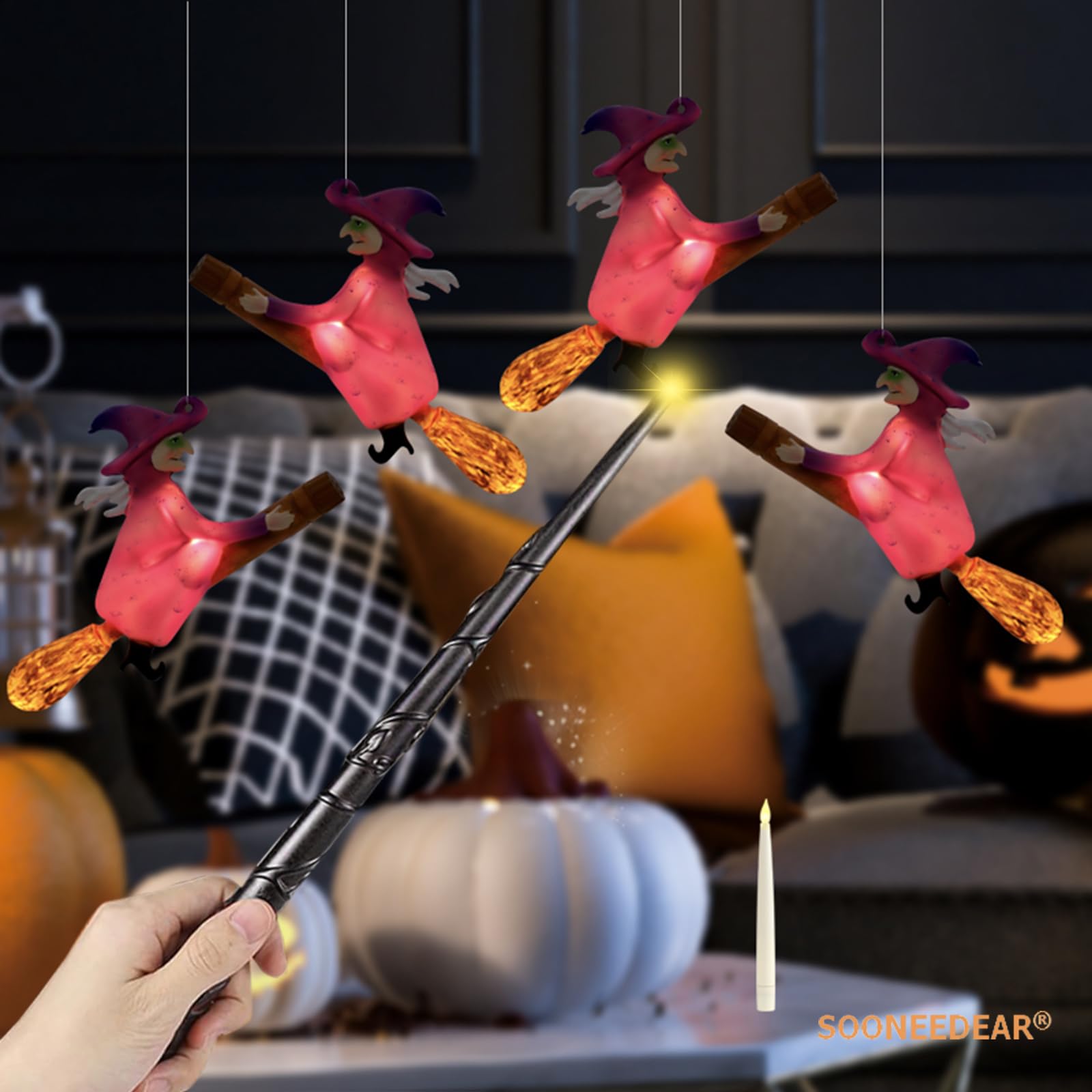 Sooneedear Harry Flameless Potter Candles With Witch Flying On Broomsticks, Hanging Led Night Light Remote By Magica Wand, Hallo