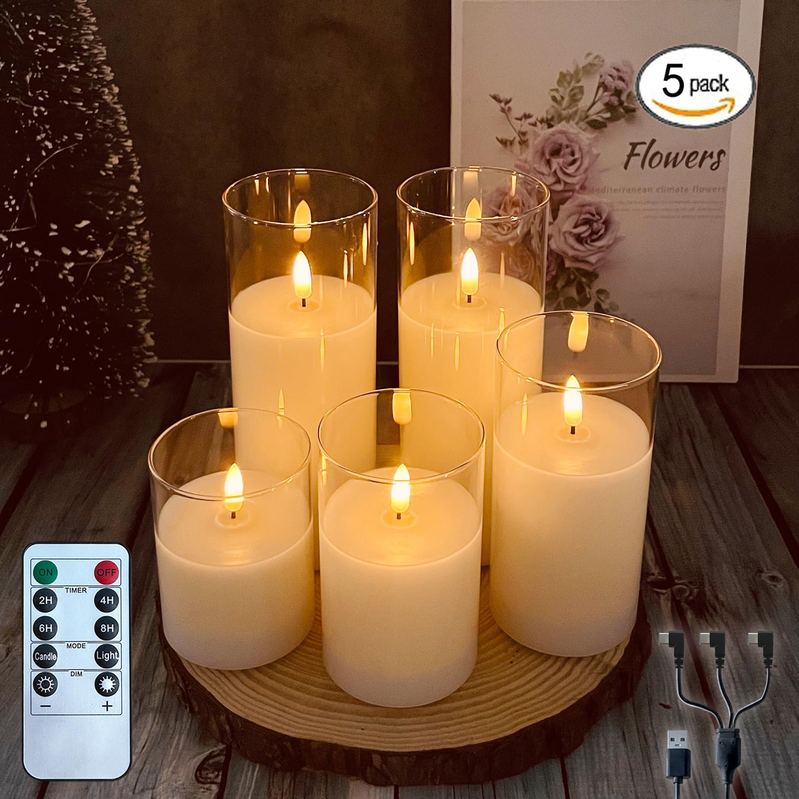 Ledholyt Rechargeable Flameless Candle, Flashing Led Pillar Real Wax Candle With Remote Control And Timer, Teardrop Wick, Clear