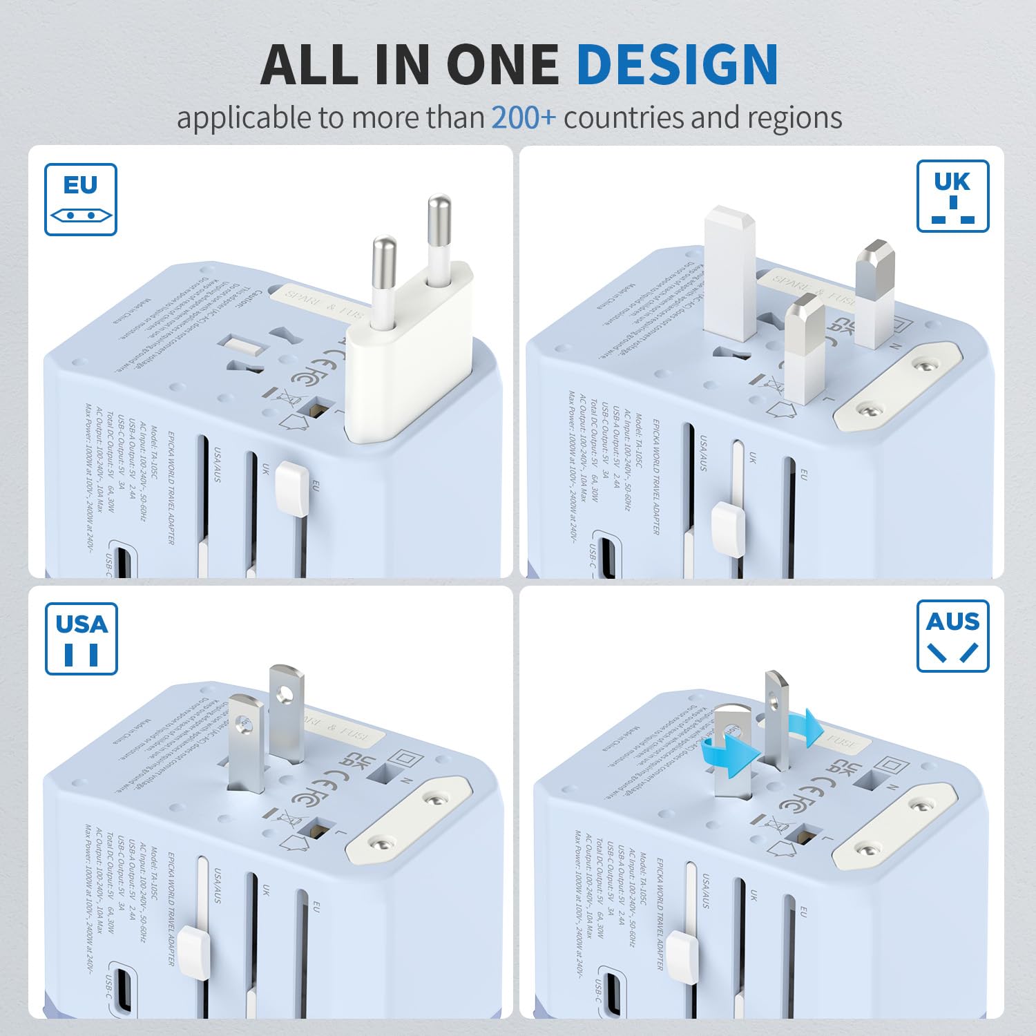 Epicka Universal Travel Adapter, International Power Plug Adapter With 3 Usb C And 2 Usb A Ports, All In One Worldwide Wall Char