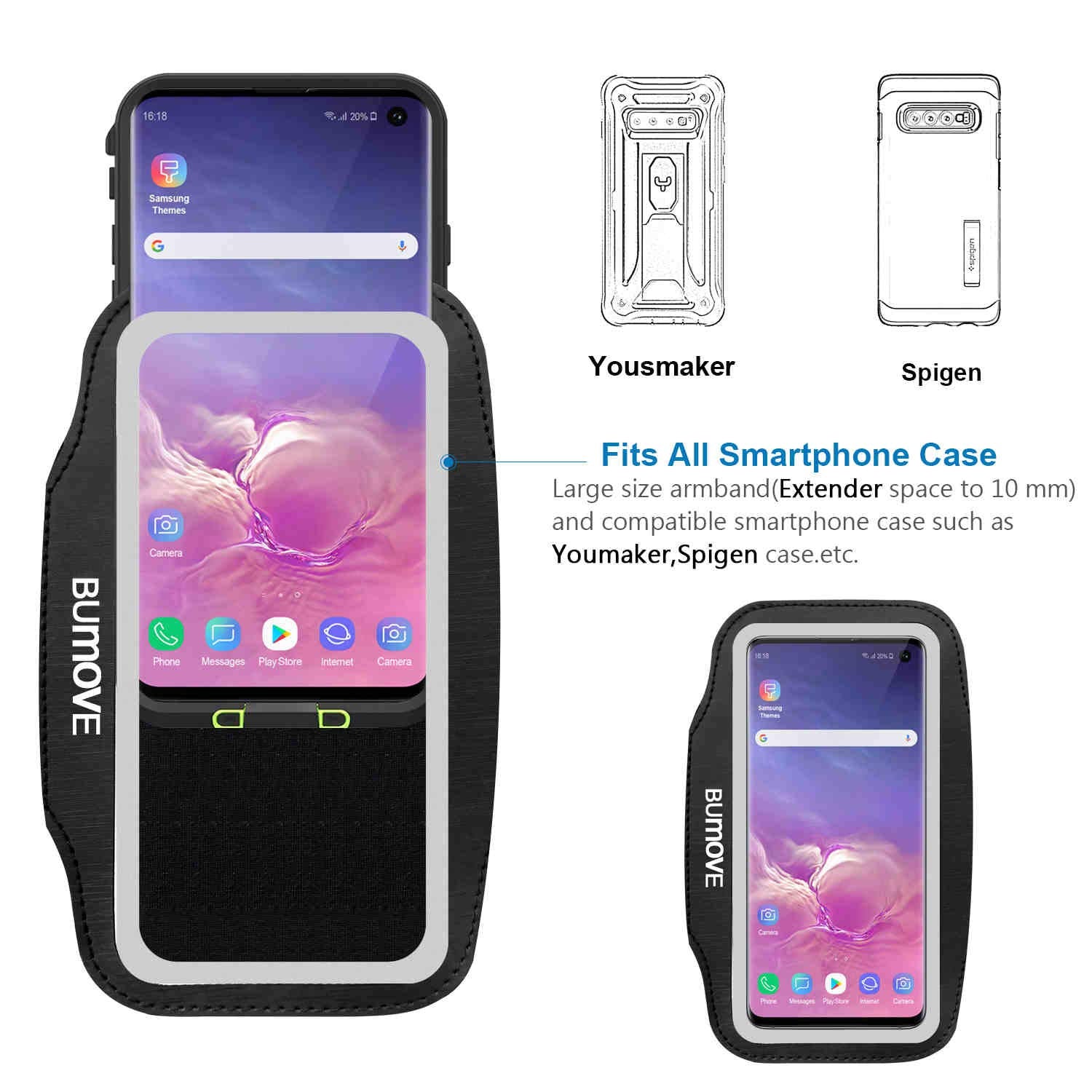 Bumove Armband For Galaxy S10E/A40/A5 2017/J3 2018 Gym Running Workouts Sports Phone Arm Band With Card Holder (Black)