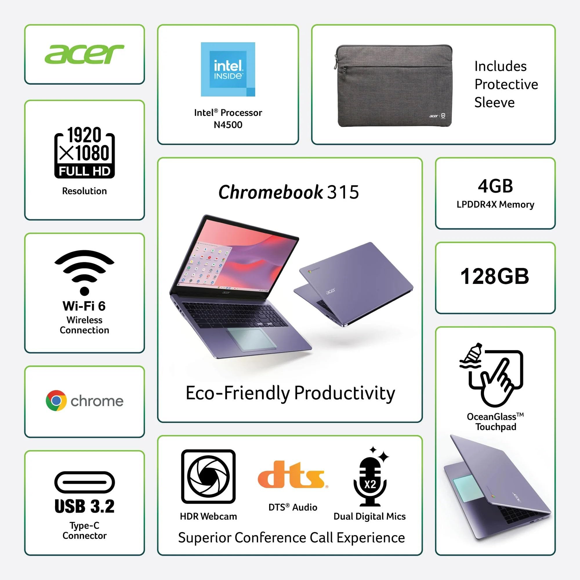Acer Chromebook 315 (15.6'' Fhd, Intel Celeron N4500, 4Gb Ram, 128Gb Storage (64Gb Emmc + 64Gb Sd Card) Home & Student Laptop, 1