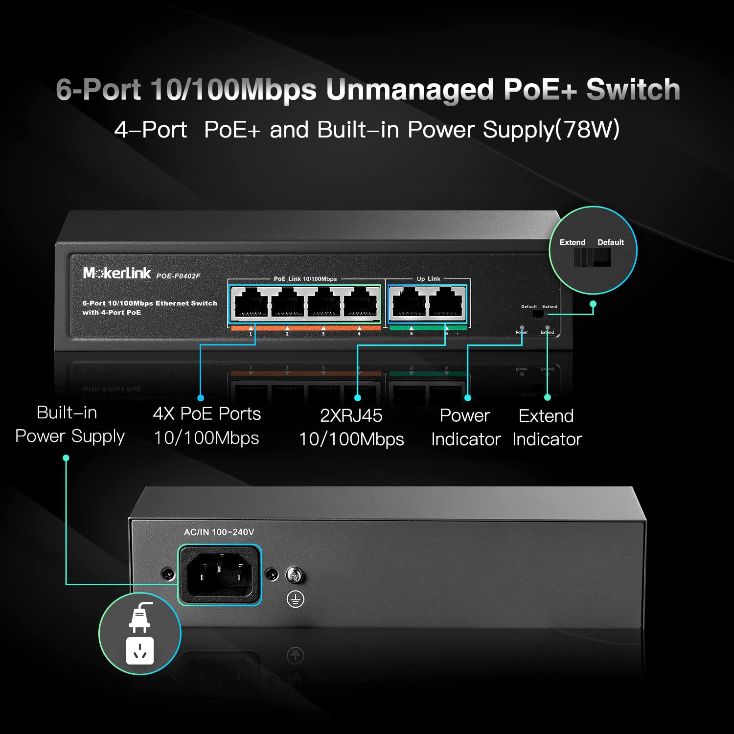 Mokerlink 6 Port Poe Switch With 4 Ports Poe+, 2 Fast Ethernet Uplink, 10/100Mbps, 78W High Power, Support Ieee802.3Af/At, Fanle
