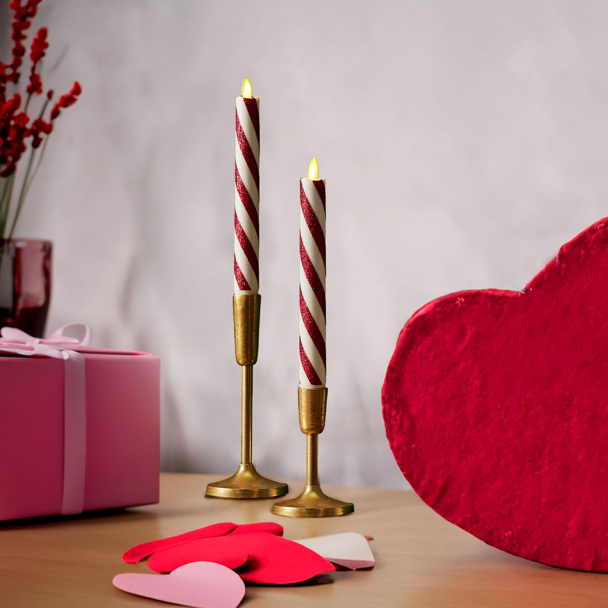Luminara Set Of 2 Moving Flame Led Taper (1X9.75), Flameless Candle, Melted Edge, Smooth Wax, Unscented (Candy Cane Red)