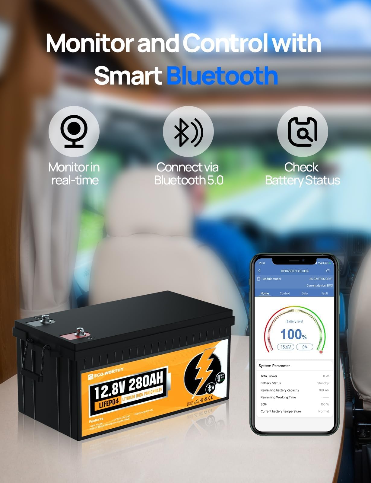 Eco-Worthy 12V 280Ah Lifepo4 Lithium Battery With Bluetooth, Low Temp Protection, Built-In 200A Bms, 3584Wh Energy. Perfect For