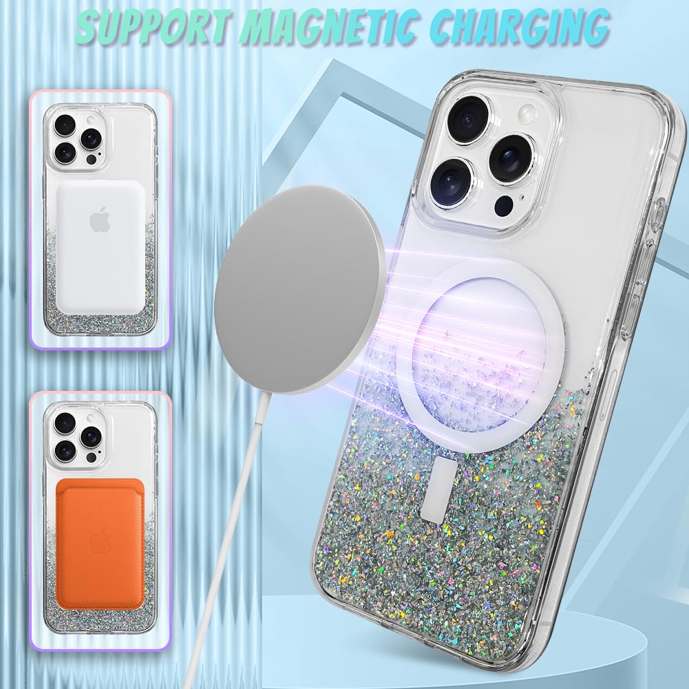 Bonoma For Iphone 14 Pro Case, Sparkly Glitter Bling Back, Magnetic Support For Magsafe Shockproof Case, Crystal And Clear High
