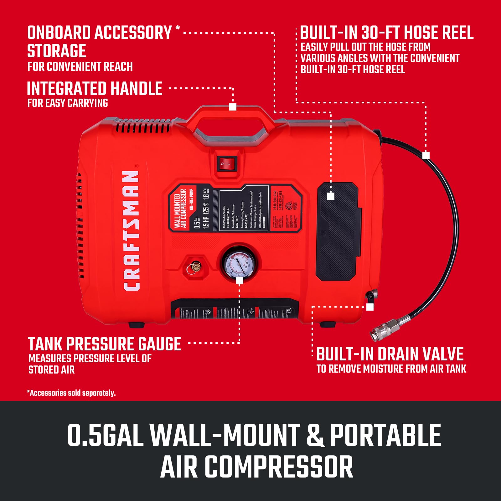 Craftsman Tire Inflator, All In One Wall Mount Air Compressor Oil Free With Retractable 30Ft Air Hose And Pressure Regulator, Gr