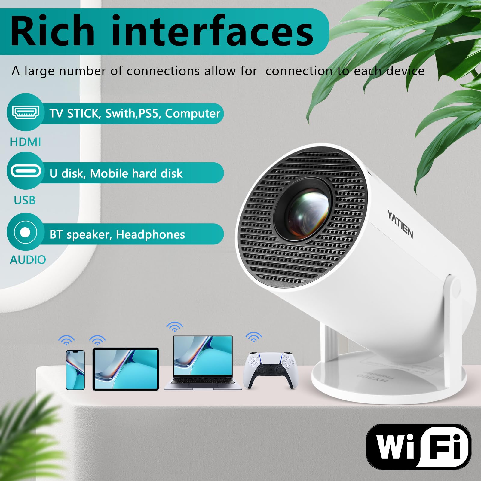 Yatien Mini Projector Portable Projector Movie Home Cinema Bedroom Student Dorm Projector Watch Soccer Competition Basketball Ma