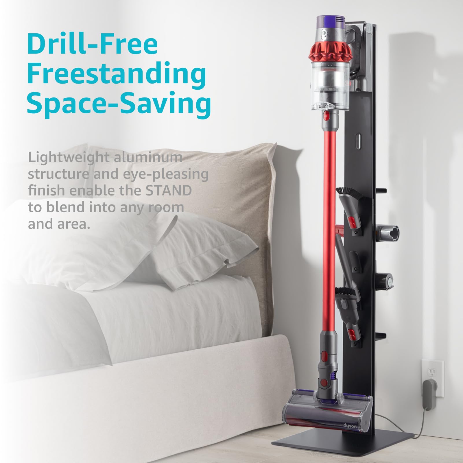 PEGZONE Vacuum Cleaner Stand - Metal Storage Bracket with 4 Hooks & Shelves, Compatible with Dyson V6-V15, Black, Model HW1029BK