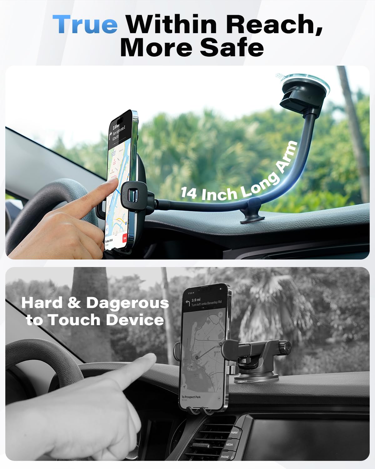 1Zero Solid Car Truck Phone Mount Holder With 14-Inch Gooseneck Long Arm, Windshield Window Mobile Holders W/Industrial-Strength