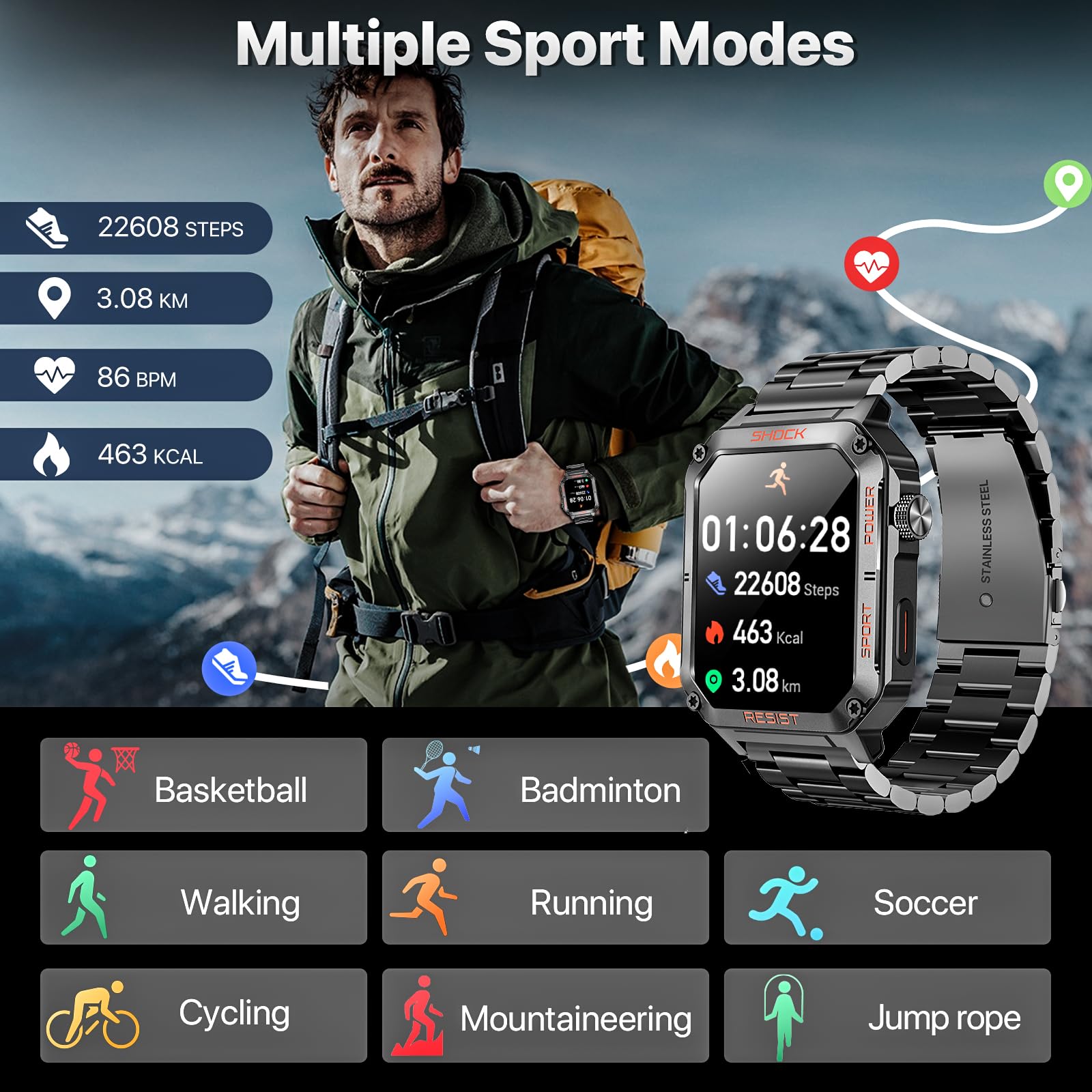 Military-Grade Smartwatch For Men, Fitness Tracker For Android/Iphone, 1.91 Hd Touchscreen, Bluetooth Answer/Make Calls, Ip68 Wa