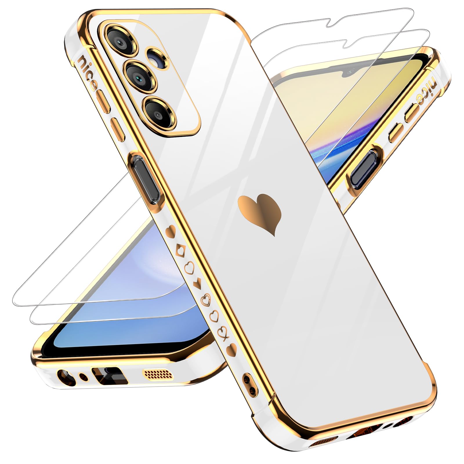Leyi For Galaxy A15 5G Case: With Tempered Glass Screen Protector [2 Pcs]+ Full Camera Lens Protection, Love Heart Plating Women